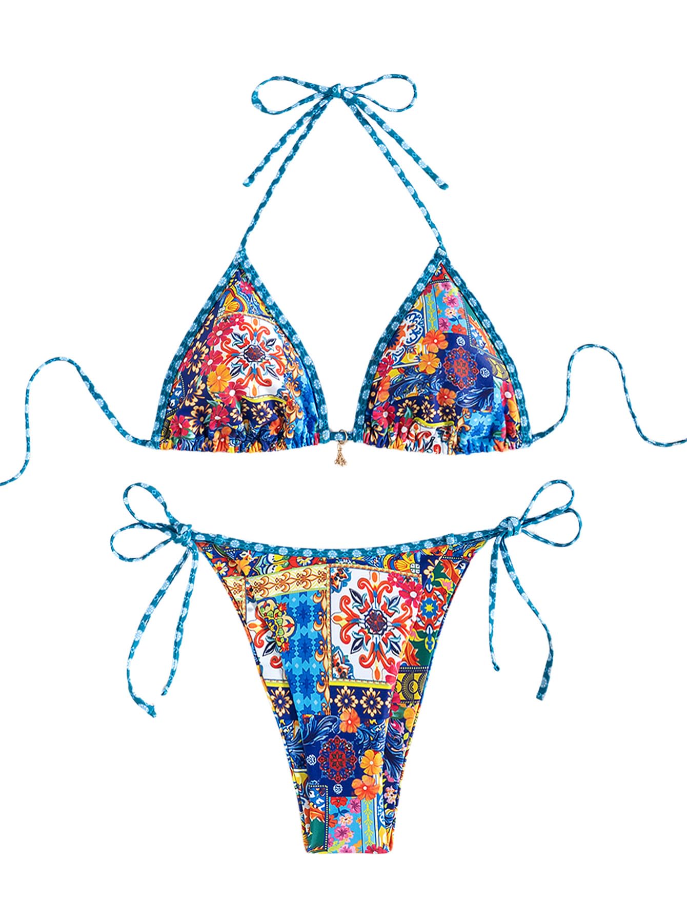 Womens 2 Piece Floral Boho Bikini Set Y2K Triangle Thong Bikini Halter String Bathing Suit High Cut Cheeky
