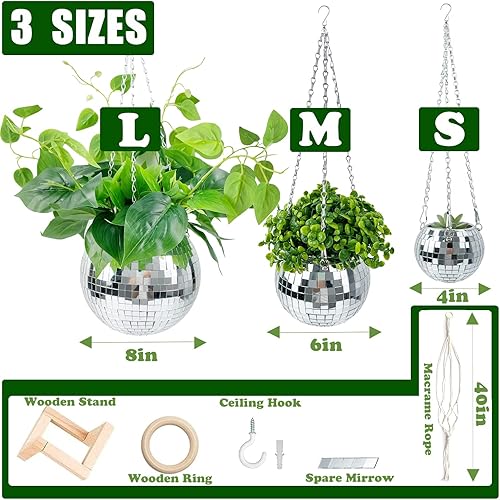Miniatura 2 de Maceta de bola de discoteca de 8 pulgadas, soporte creativo para maceta colgante con cadena, cuerda de macramé, soporte de madera, bonito colgador