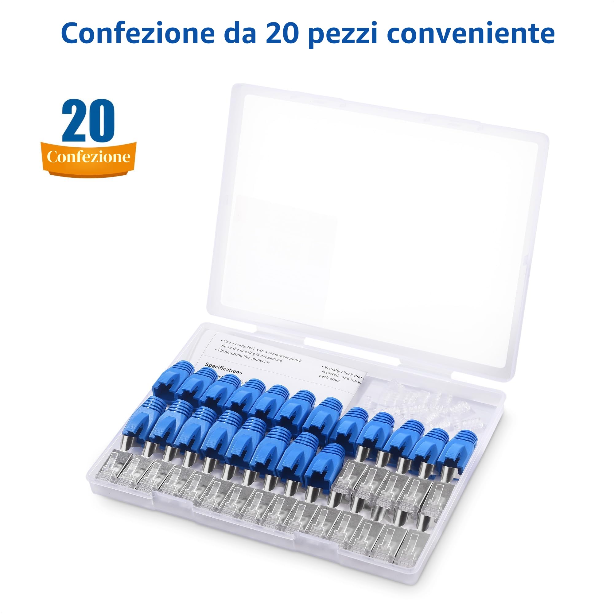 Cable Matters Confezione da 20 connettori passanti schermati RJ45 Cat8 Cat7 Cat6 23-24AWG con fermacavo per cavi Ethernet solidi o intrecciati (connettori passanti RJ45 Cat8/connettori passanti Cat 8)