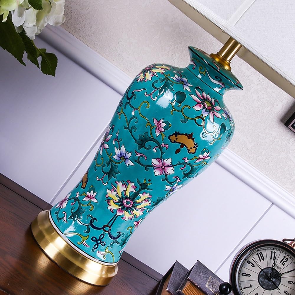 Lampa Stołowa, Ceramiczna Lampa W Stylu Amerykańskim Do Salonu - Lampka Nocna Z Lnianym Abażurem, Lampka Nocna Do Sypialni, Lampka Nocna Z Przyciskiem, Pilot Zdalnego Sterowania