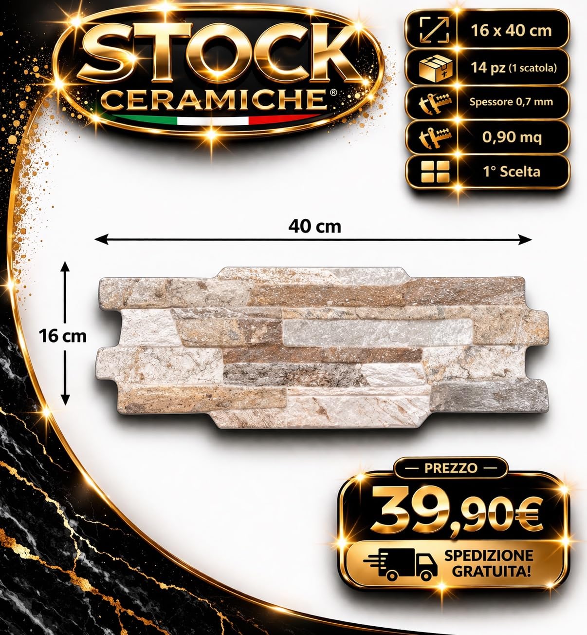Stock Ceramiche Piastrella Mattonella Gres Porcellanato Effetto Pietra, 16 x 40 cm, 14 Pezzi, 0,90 mq, per Rivestimento Interno/Esterno