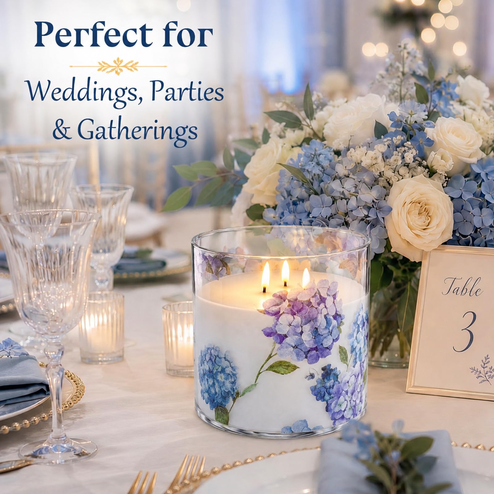Gerrii Vela grande de cristal de hortensia sin llama con 3 mechas de 15 x 15 cm, vela de cristal con estampado floral de hortensias azules con temporizador remoto, velas LED parpadeantes de cera real