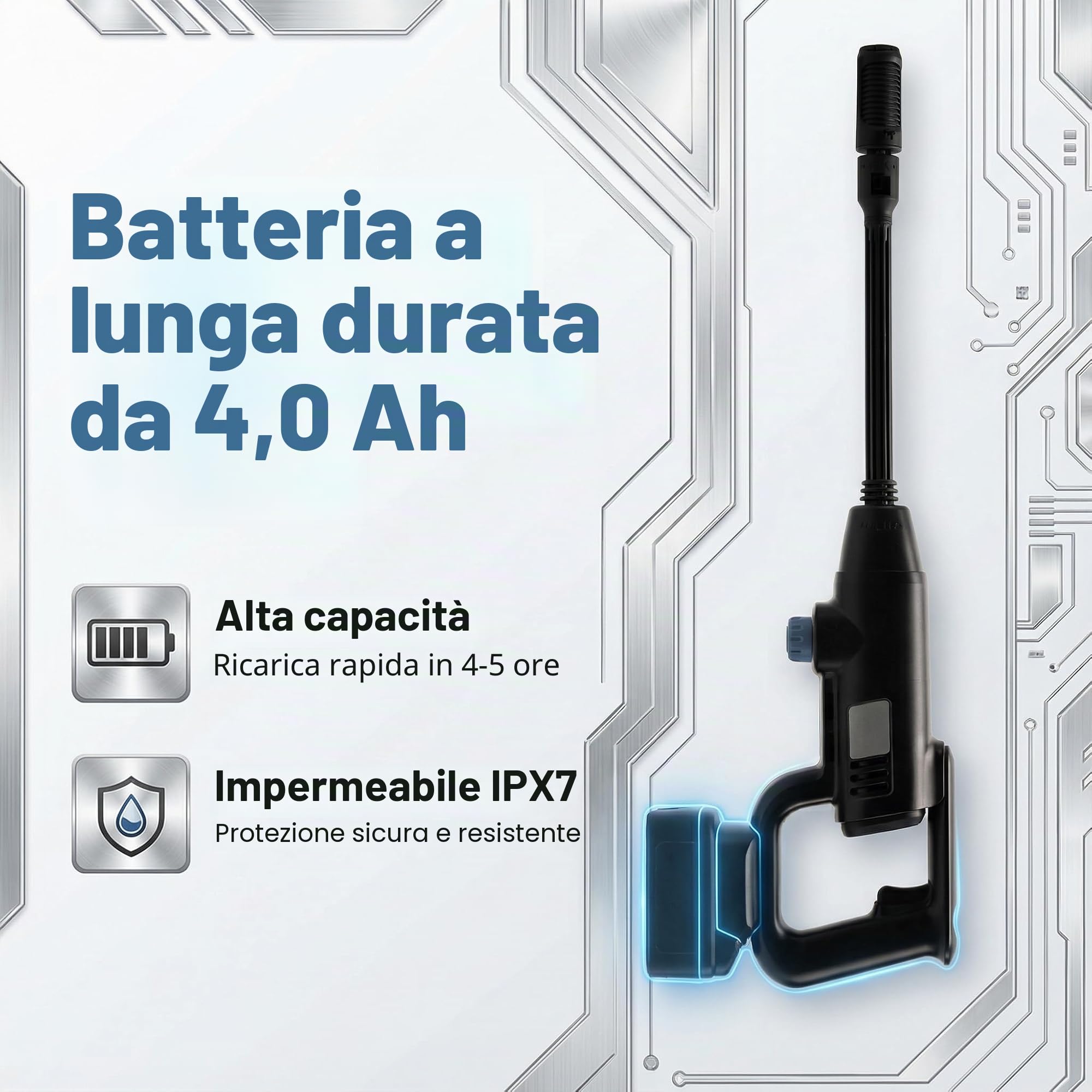 Idropulitrice a Batteria Portatile 1087PSI: Senza Filo con Batteria da 4.0Ah - Bocchetta regolabile a 3 livelli per una pulizia esterna versatile di auto/terrazze/giardini e vialetti