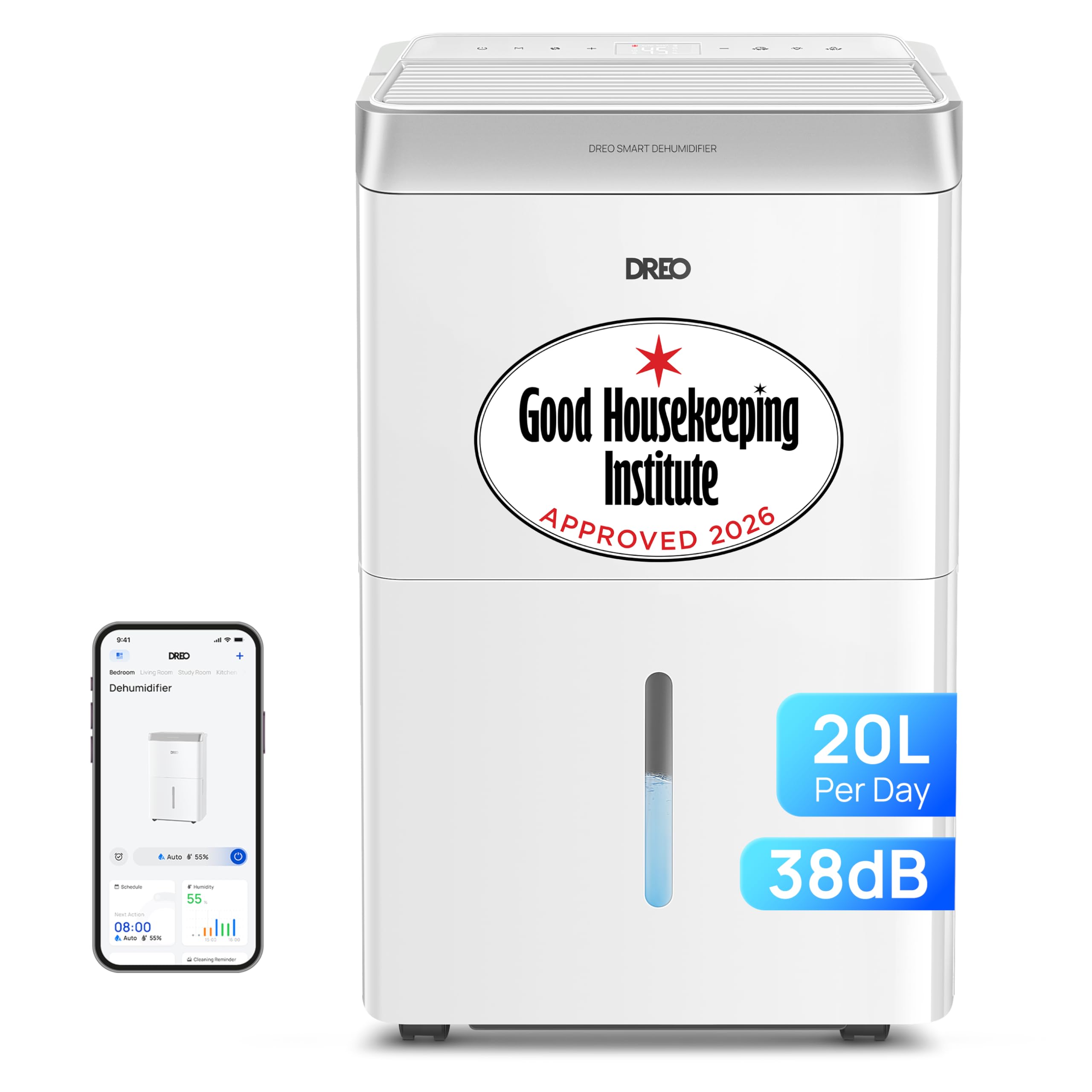 Dreo 20L/day Smart Dehumidifier Low Energy, 38dB Quiet, Laundry Dry, Whole House, Humidity Sensor & Display, 24H Timer, Large Room Auto, 3 Speed, Humidity Control, Good Housekeeping Institute Approved