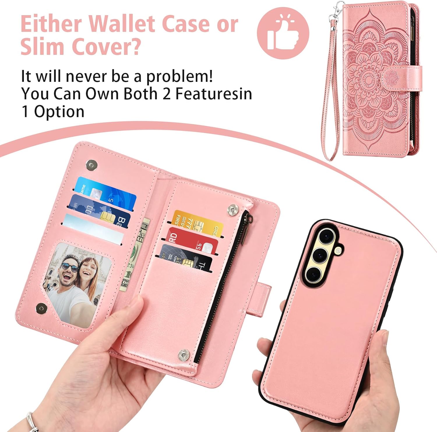 Asuwish Phone Case for Samsung Galaxy S24 FE 5G Zipper Wallet Magnetic Detachable Cell Cover with Tempered Glass Screen Protector Crossbody Strap Flower Card Holder S 24 EF S24FE 24S Women Rose Gold