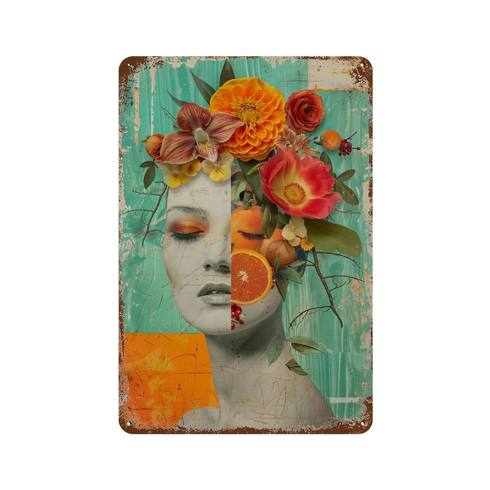 YHGERTKU Surreal Floral Collage Woman Portrait 03 Wall Art Retro Iron Vintage Metal Tin Sign Poster Modern Decor for Living Rooms Gift 30x20cm