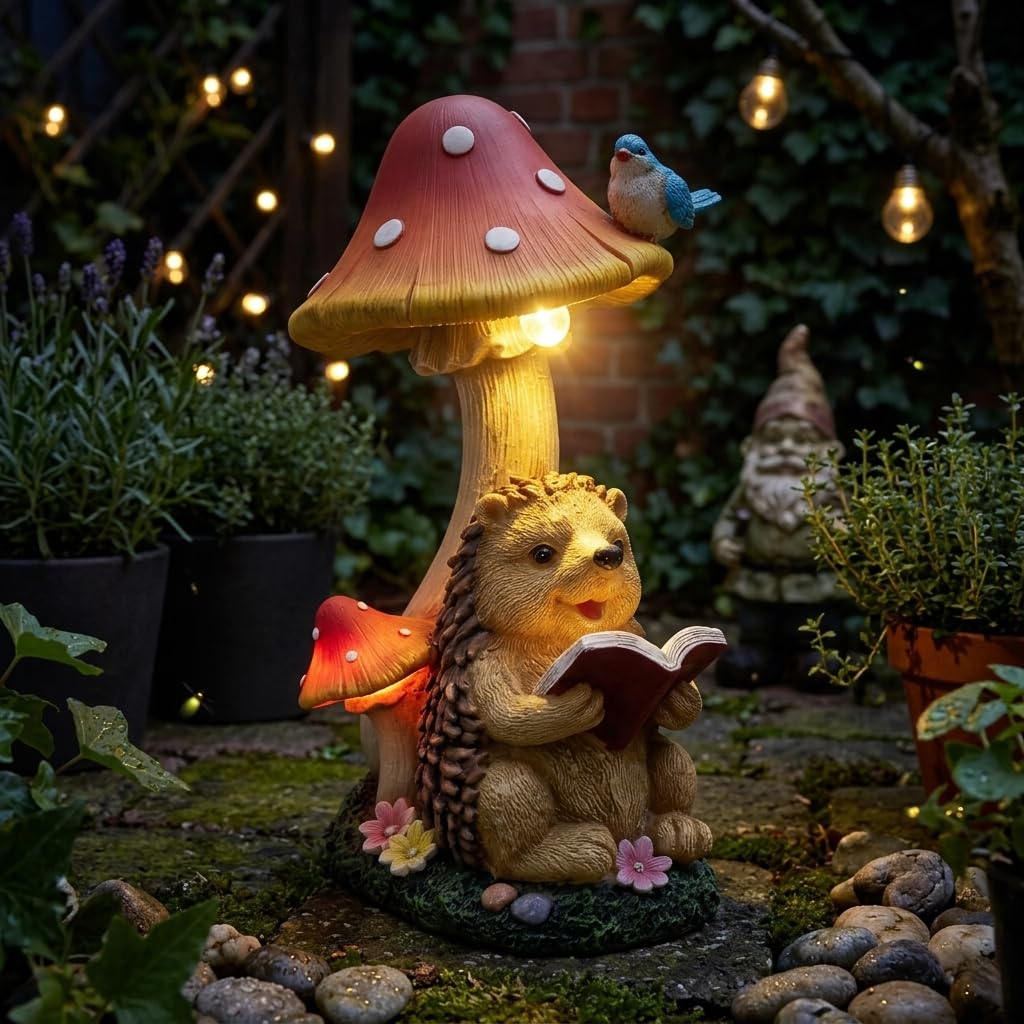 TERESA'S COLLECTIONS Decoration Jardin Exterieur Hérisson et Champignon,Figurine d'animaux avec Lampe Solaire, Décor d'art Original,17.5cm,Cadeau Femme (M)