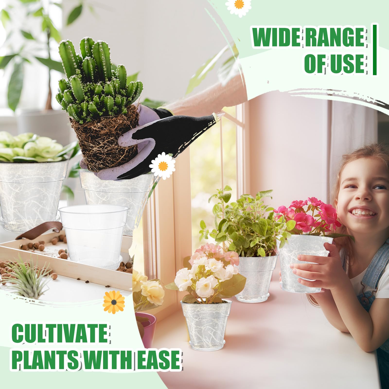 Hushee Lot de 10 pots de fleurs transparents de 20,3 cm avec 10 soucoupes et 100 étiquettes de plantes en plastique transparent avec trou de drainage et plateau d'égouttement pour herbes, fleurs,
