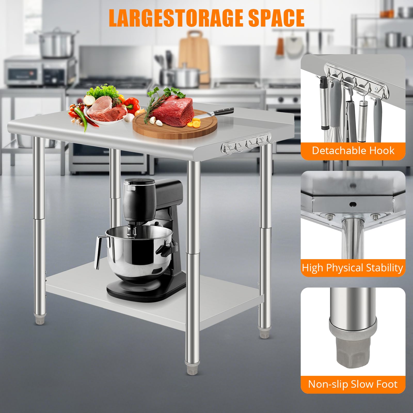 Garvee Mesa De Trabajo Comercial De Acero Inoxidable Certificada NSF – Ideal para Cocina Profesional, Restaurante, Panadería y Lavandería – Estante Ajustable, Respaldo y Ganchos Incluidos
