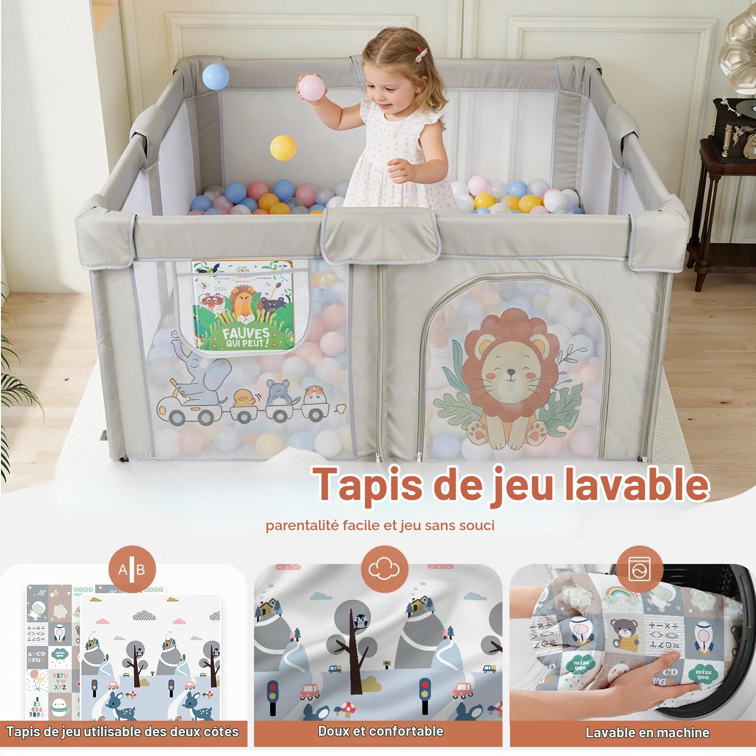 Parc Bébé Pliable 150x150x70 avec Tapis, Jusqu'à 40KG, Parc Bebe 360° Filet Respirant, Ventouse Base, Sûr et Portable Centre d'Activités pour Enfants, Adapté Intérieur Extérieur, Lion