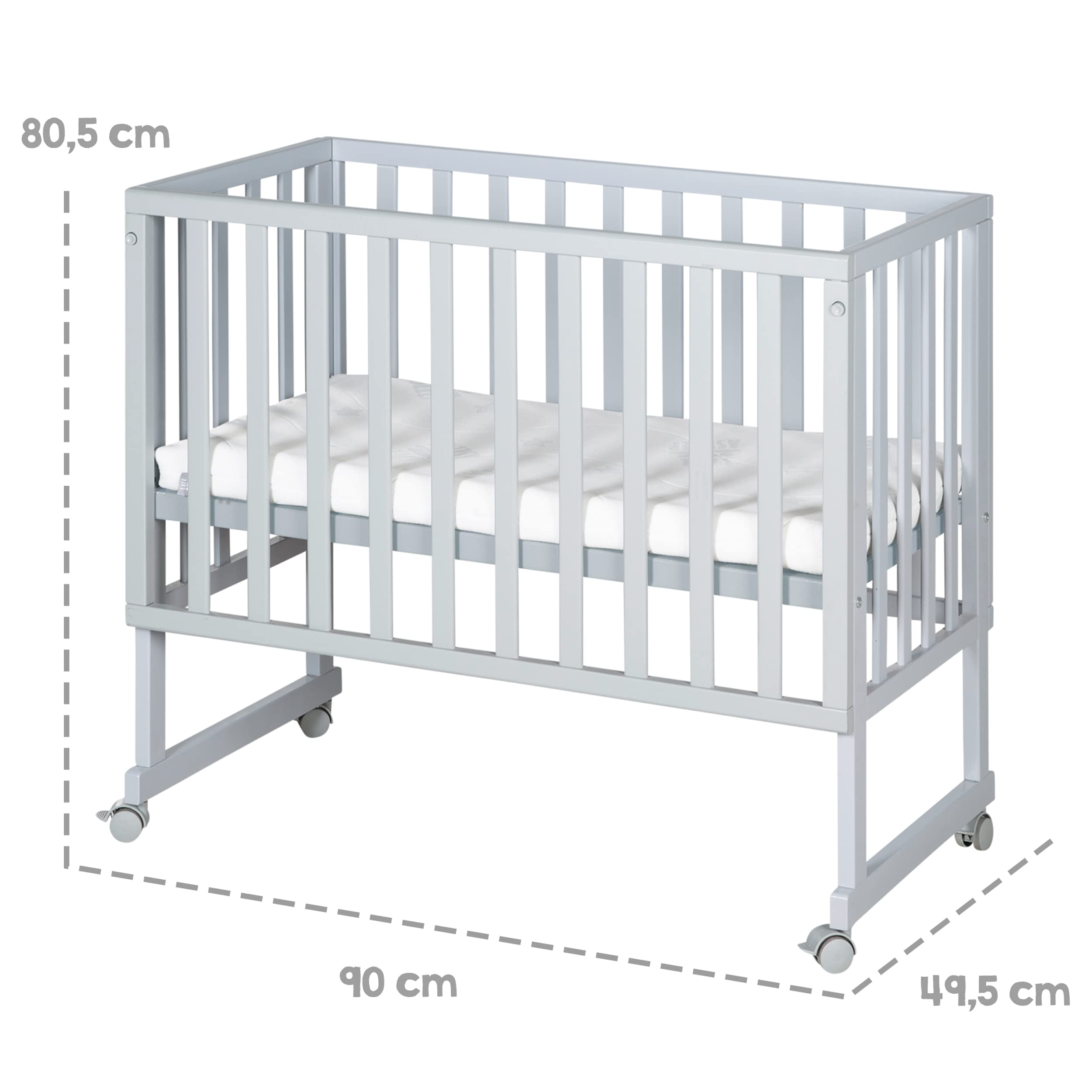 oba Stuben- und Beistellbett safe asleep® 3 in 1-45 x 90 cm - Höhenverstellbar - Komplettes Anstellbett mit Matratze + Canvas Barriere - Bett Set für Babys - Holz taupe/grau