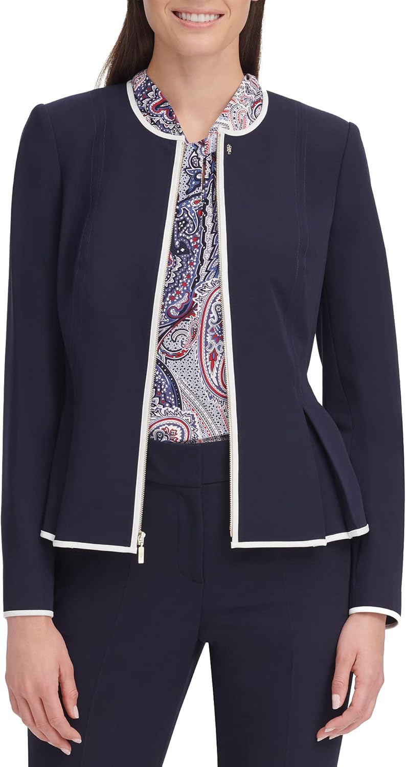 Tommy Hilfiger Women's Peplum Collarless Zip Front Blazer Jacket
