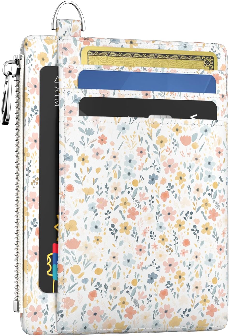Slim Wallet Women Credit Card Holder White Florals RFID Small Mini Card Case Front Pocket PU Leather Thin Travel Zipper Coin Cash ID Window Girls Wallet Gifts