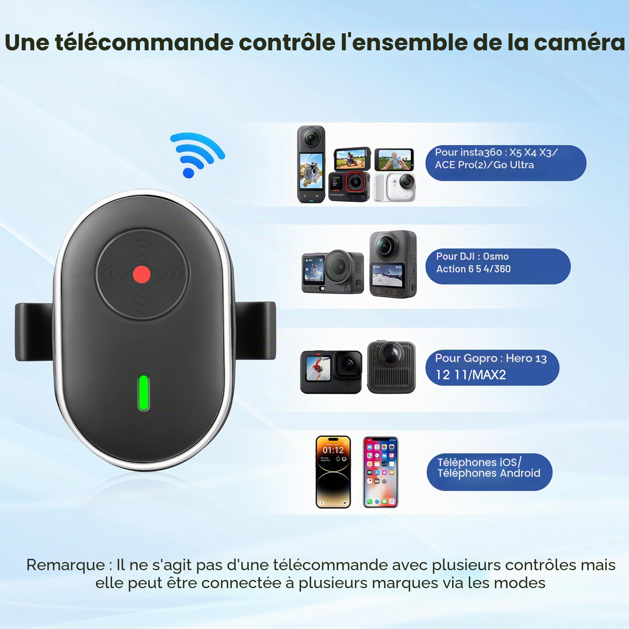 Télécommande à bague pour insta360 GO Ultra/X5//X4/X3/Ace Pro 2 Mini Commande pour Gopro Hero 13 12 11 Max 2 pour DJI Osmo Action 6 5 4 Nano 360 Accessoires Télécommande sans fil Téléphone