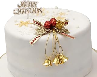 Evelay Cake Decoration Set Gold Holly & Bells With Merry Christmas Sign Motto Gold Colour Party Accessories (Gold)