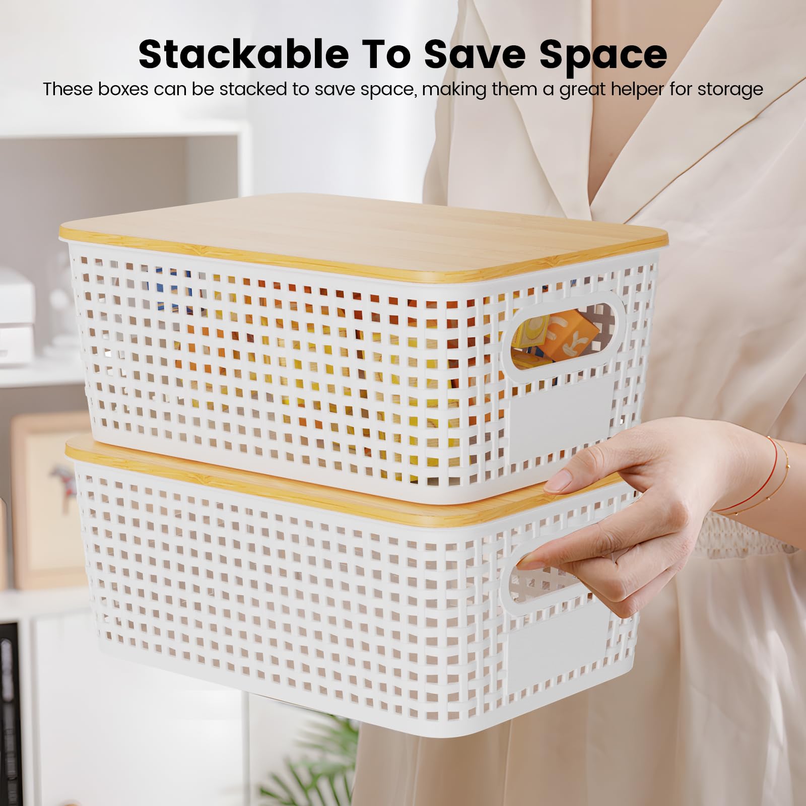 Set di 3 5L Scatole portaoggetti di Plastica con Bambù Coperchio Impilabili Salvaspazio Storage Cestini per Bagno Cucina Armadio Ufficio