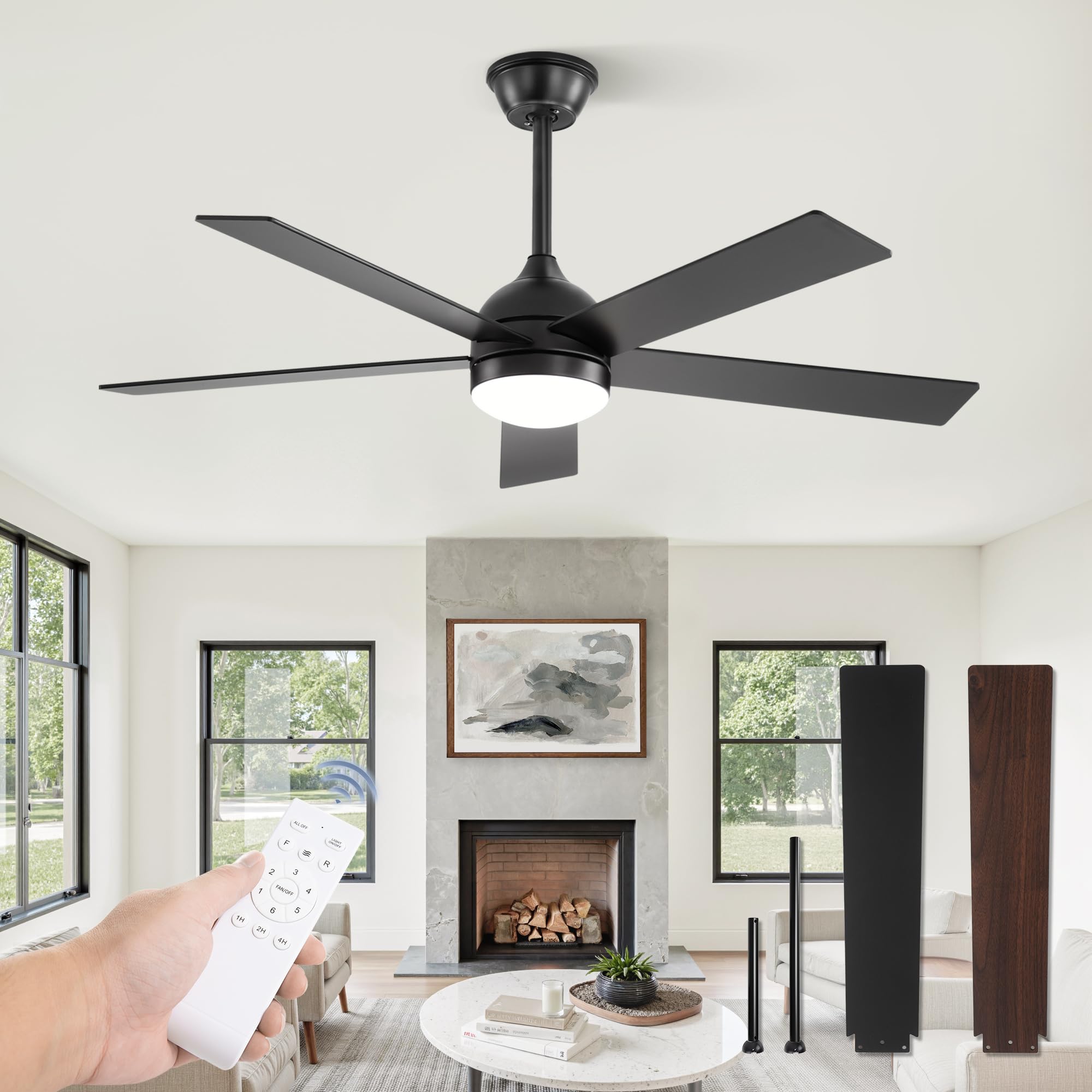 Fanbulous 48 Inch Ceiling Fan with Light and Remote, Black Ceiling Fans with Light, 5 Dual-Color Blades, Reversible Quiet DC Motor, 6 Speeds, 3CCT Adjustable LED for Bedroom Living Room Kitchen Patio