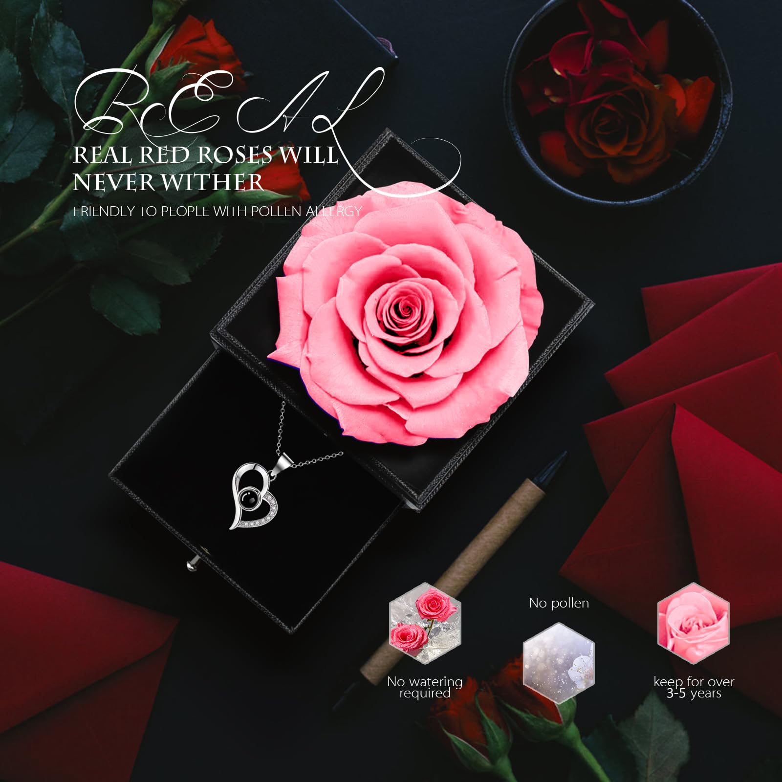 GOICC Idea Regalo per Lei, Rosa Eterna con I Love You, Collana, Confezione Regalo per la Festa della Mamma, Compleanno, Anniversario, Regalo per Mamma, Fidanzata, Moglie (Rosa)