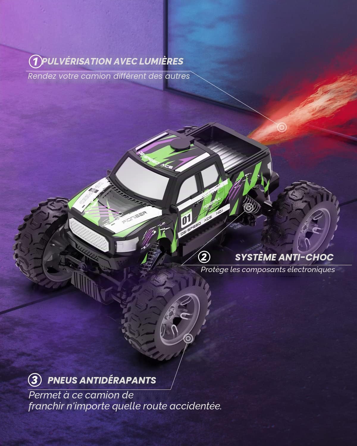 DEERC DE44 Voiture télécommandée 1:16 avec pulvérisation de brouillard, voiture RC tout-terrain à deux moteurs 4 roues motrices avec lumières LED, Rock Crawler 70+ Min, à partir de 8 ans