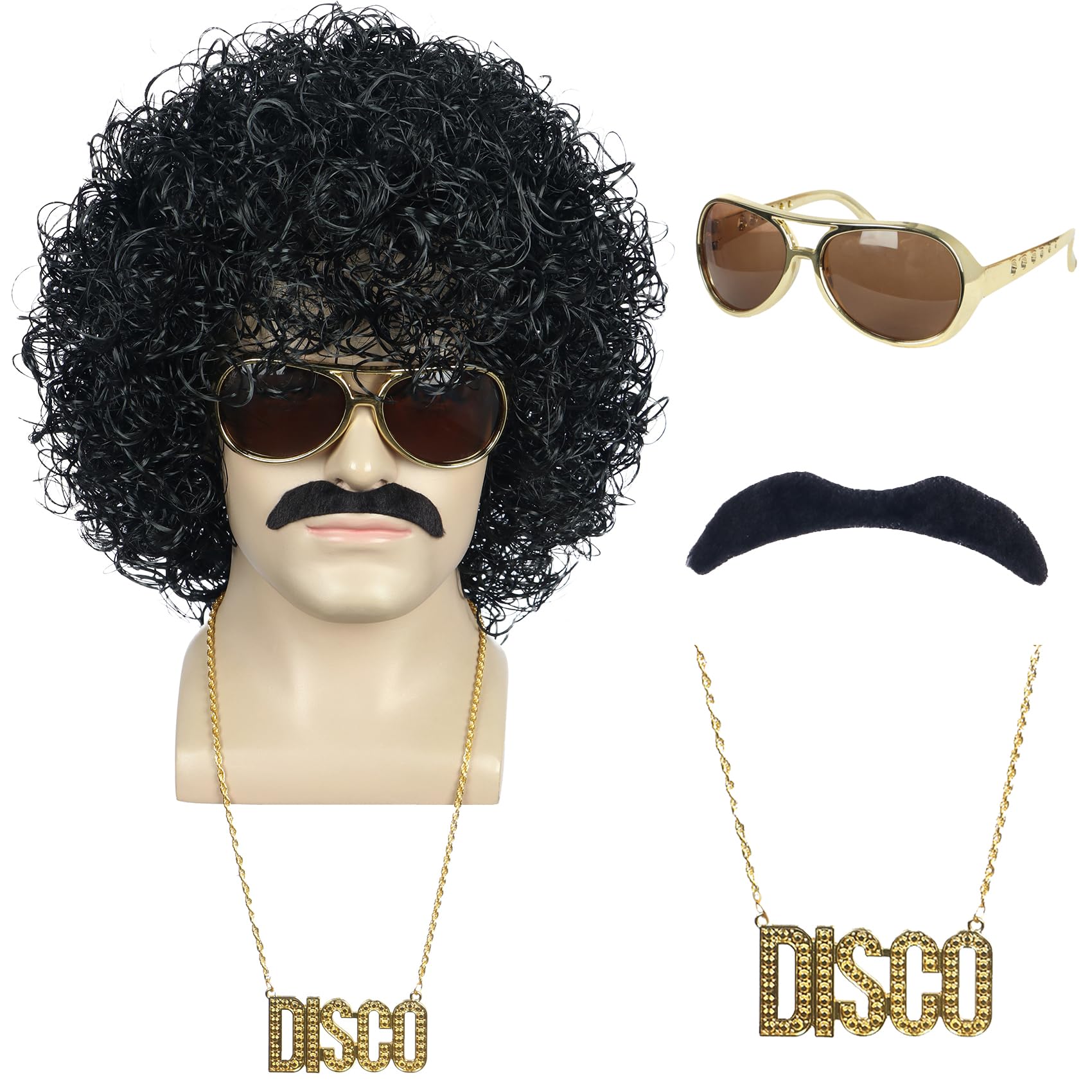 Yuehong Black Curly Fluffy Jumbo 70s Afro Wig 80s Rocker Disco Party Costume Hair Heat Resistant Synthetic Fibers Soft Durable Breathable Wig with Mustache Necklace and Glasses - Image 2