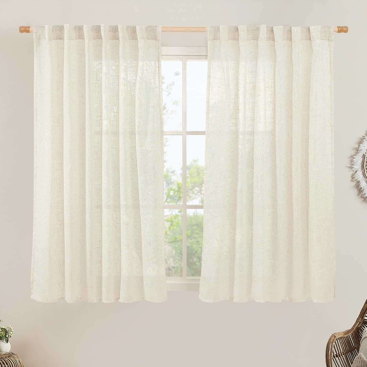 LAMIT Natural Linen Semi Sheer Window Curtains 54 Inch, Light Filtering Neutral Bedroom Curtains Farmhouse Boho Back Tab and Rod Pocket Panels, Cream Ivory, 2 Panels, 52 x 54 Inch 52"W x 54"L (Pack of 2) Natural