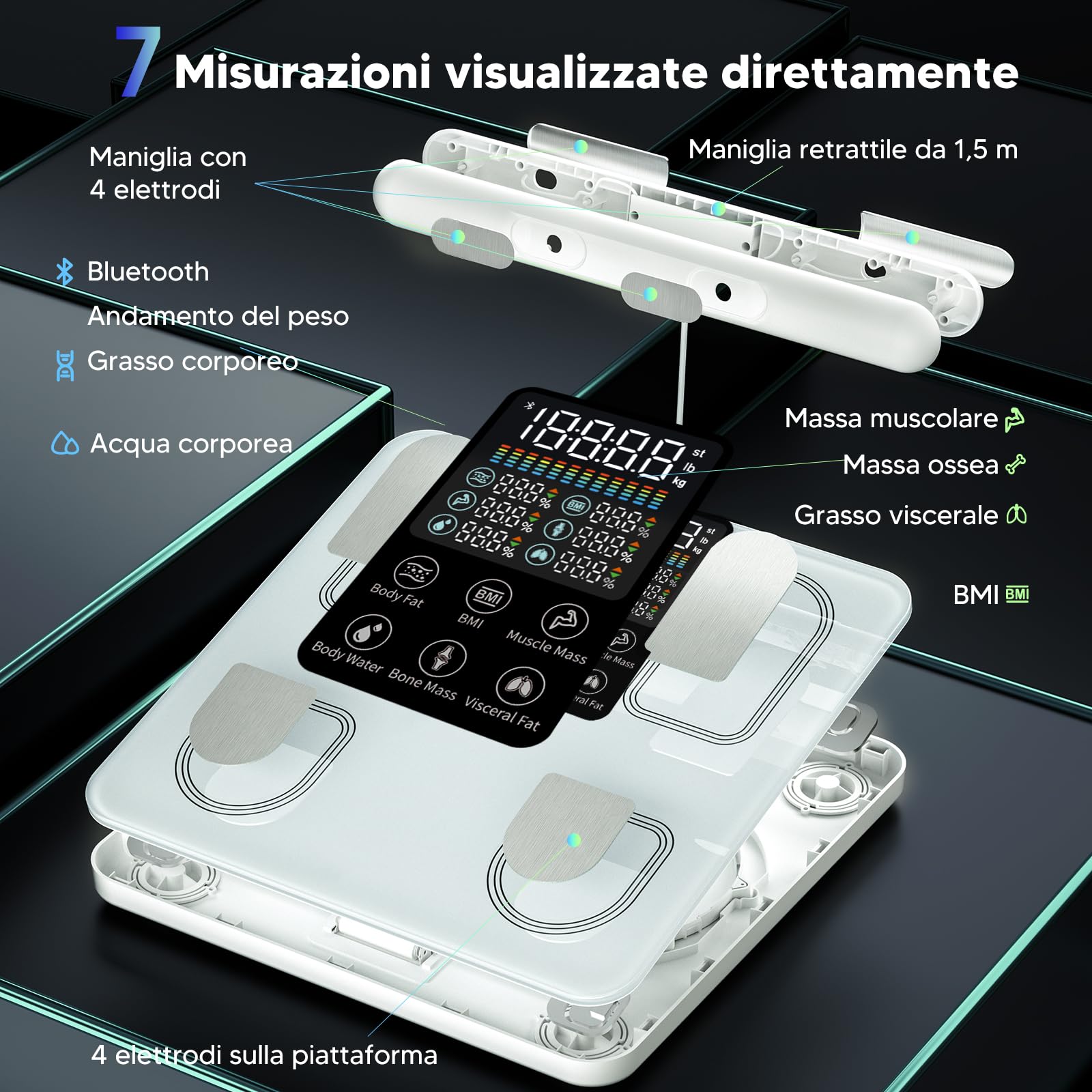 arboleaf Bilancia Intelligente con Analisi Corporea, Bilancia Impedenziometrica con 8 Elettrodi Sensori e Grande display, con Bluetooth e APP, 50 Metriche, Capacità 180 kg