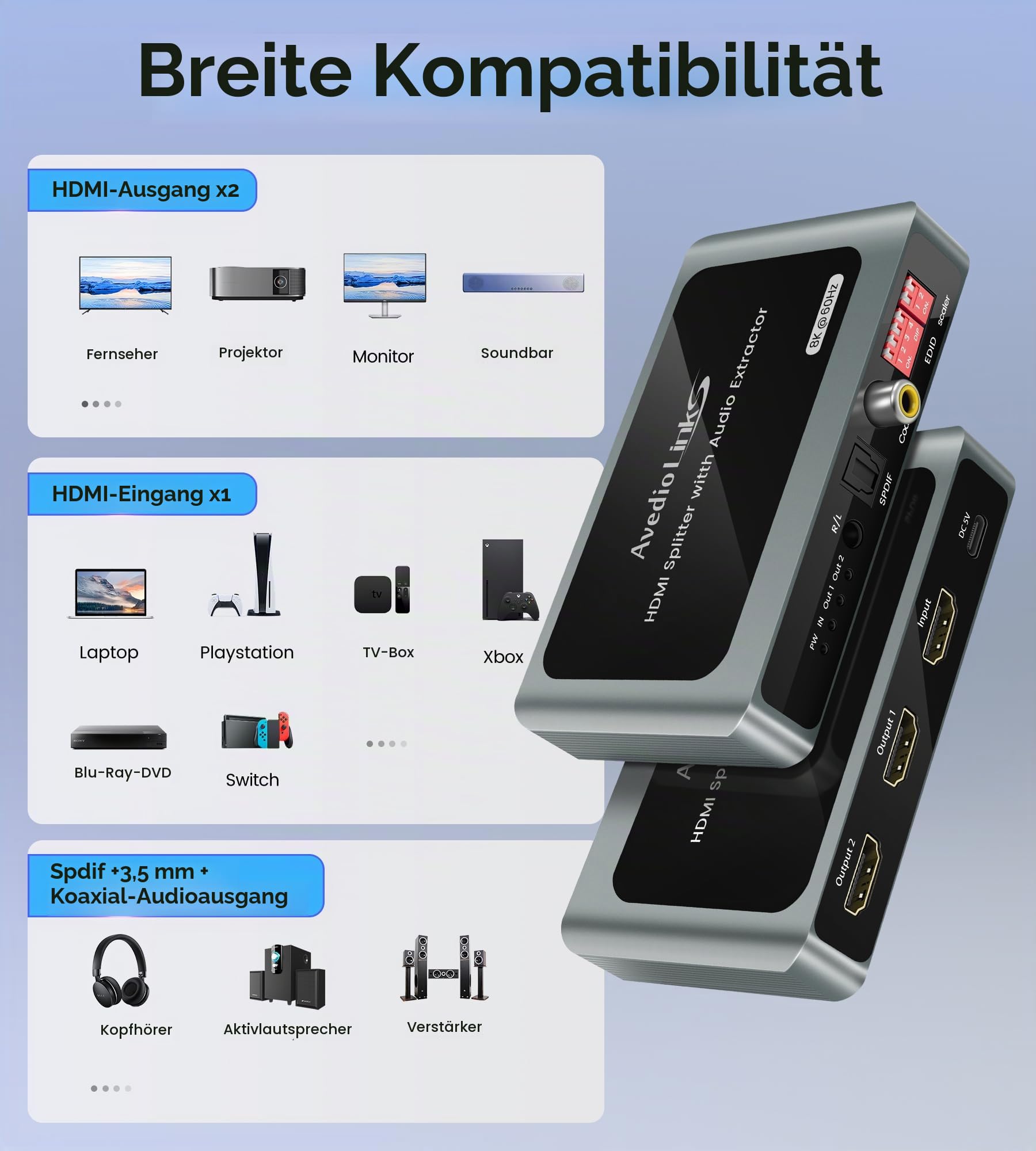 HDMI Audio Extractor 8K@60Hz Splitter 1 In 2 Out mit Audio Out, HDMI zu 2X hdmi + Toslink SPDIF + Koaxial + 3,5mm, unterstützt Dobly Atmos 7.1, DTS, HDCP 2.3, Down Scaler, ideal für TV, PS5, Soundbar