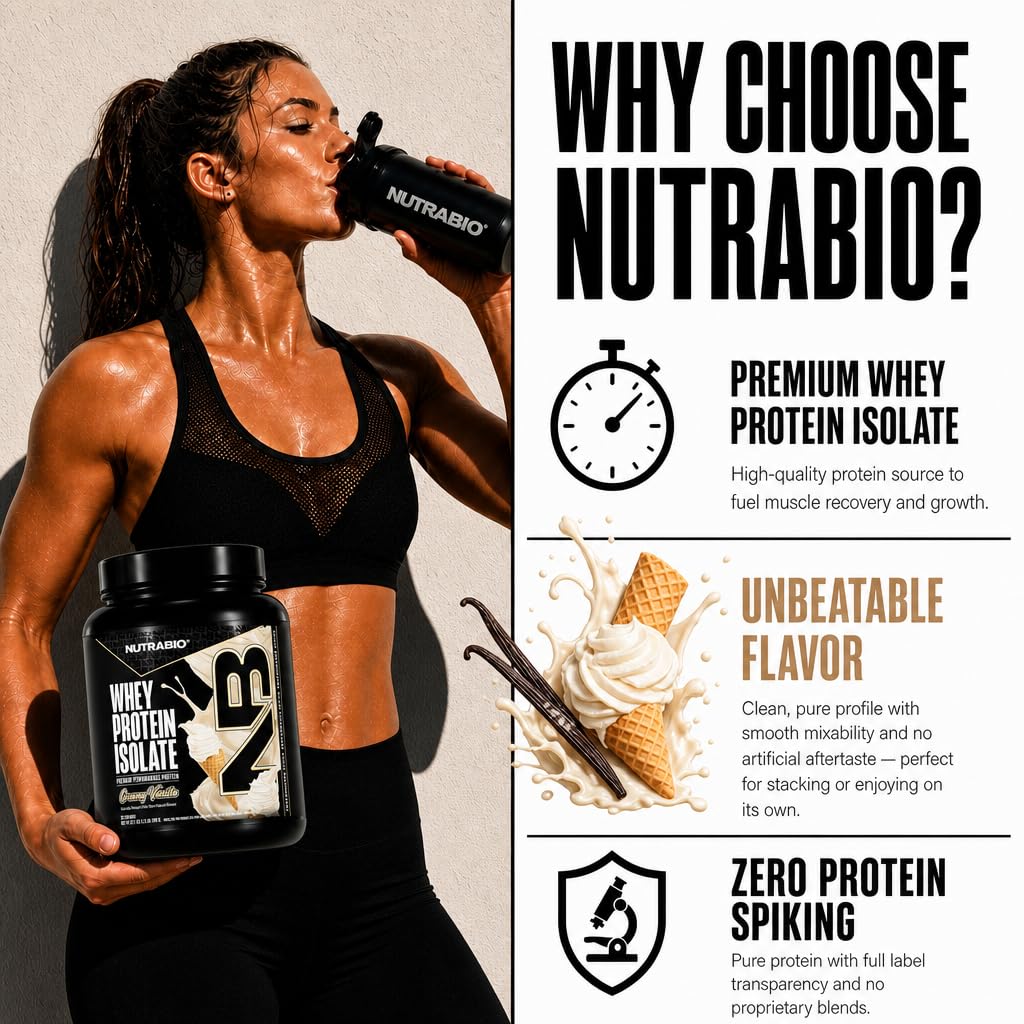 NutraBio 100% Whey Protein Isolate Protein Powder, 25g Protein with Complete Amino Acid Profile, Non-GMO, Soy & Gluten Free, Low Carb, Low Calorie Whey Protein Powder, Creamy Vanilla, 20 Servings — Amazon image 4