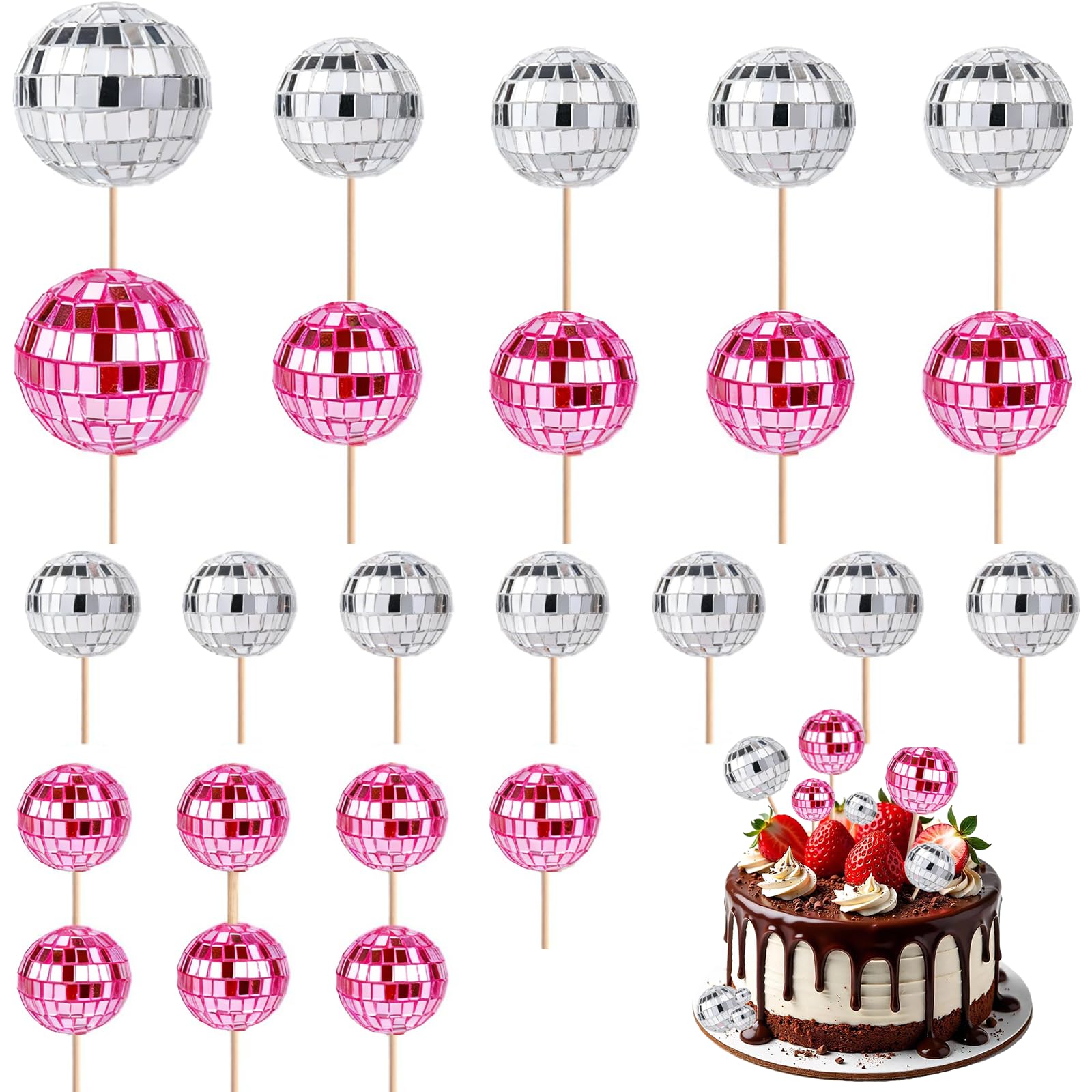 24pcs Disco Ball Cake Decorations, 70s Retro Mini Disco Ball Cake Toppers Sticks Stylish Disco Balls Cupcake Toppers Cake Disco Balls Picks for Disco Theme Birthday Party Supplies (Silver+Pink)