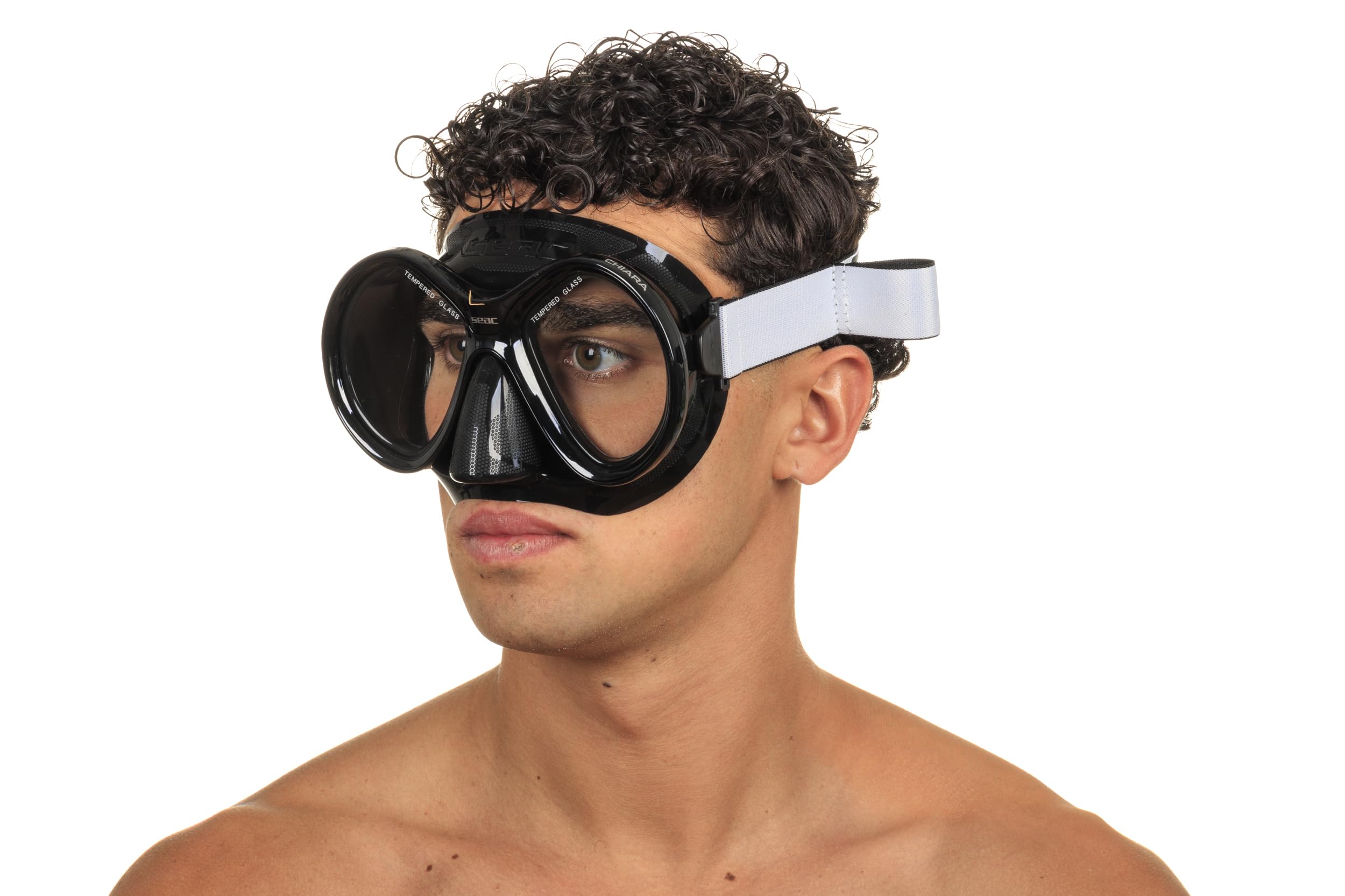 SEAC Chiara Máscara de Lente Doble de Vidrio Templado para Buceo y Snorkeling con Hebilla 3D, con Correa Textil o de Silicona, Unisex Adulto