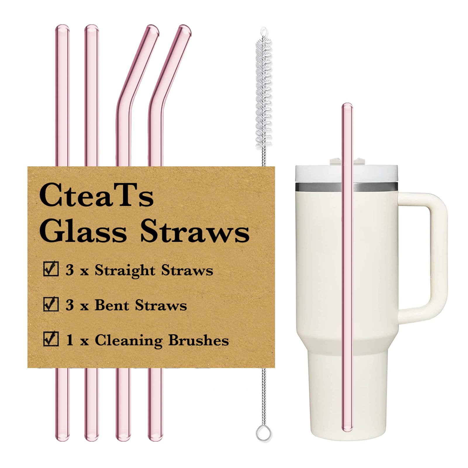 Replacement Straw Compatible with Stanley 40 oz Tumbler Straws, 4 Pcs Reusable Straws with Cleaning Brush, Long Glass Straw for Stanley Accessories, Pink