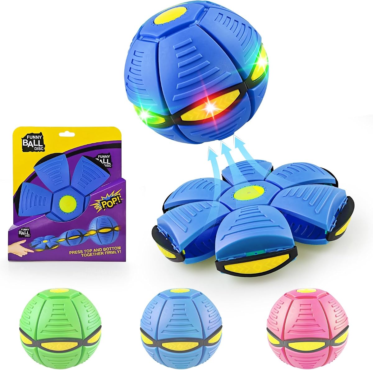 Pelota mágica que rebota con forma dual de 6 luces – Emergente, diseño transformador de Meta Ball – Platillo volador hinchable – Bolas que rebotan interactivas para la interacción entre padres e hijos – Paquete de regalo – Azul