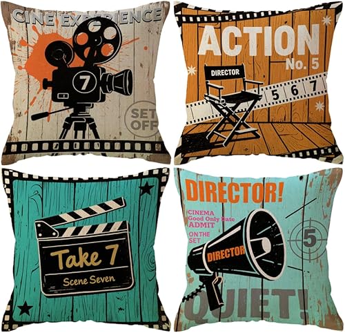 ULOVE LOVE YOURSELF Fundas de almohada de cine con diseño de póster de cine vintage, con iconos antiguos, fundas de almohada decorativas para el