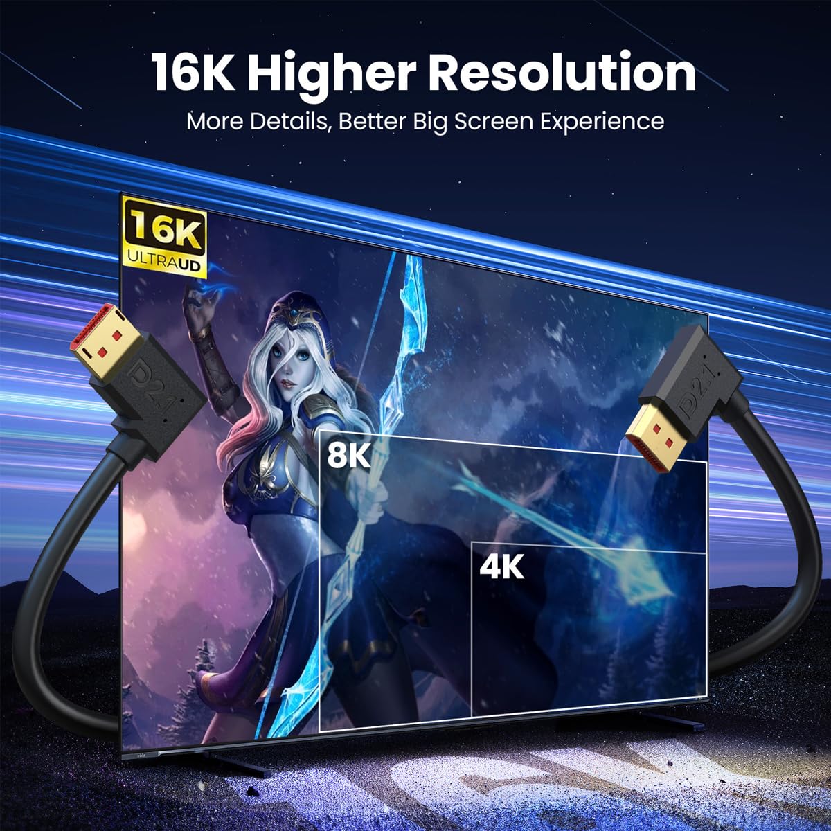 kabel przedłużający DisplayPort 2.1 pod kątem 90 stopni, kabel Display Port męski do żeńskiego 52 Gbps, obsługuje 16K@30Hz, 8K@120Hz, 4K@240Hz/165Hz/144Hz, HDR, HDCP DSC 1.2a, do PS5 (50 cm)