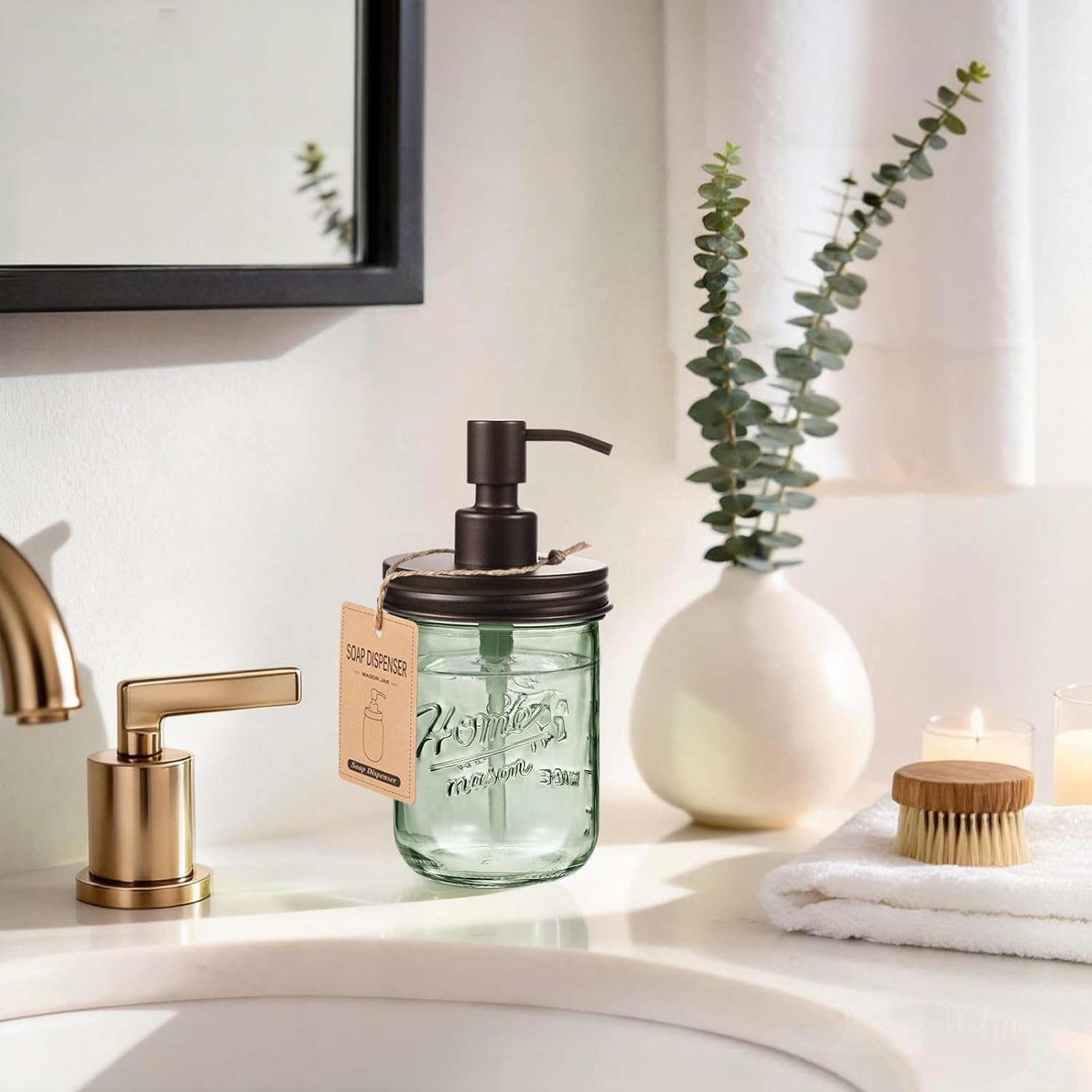 SheeChung 16Oz Mason Jar Green Glass Soap Dispenser, Stainless Steel Pump, Refillable Dish soap Dispenser for Kitchen, Bathroom Hand Soap Dispenser for Lotion, Liquid, Farmhouse Decor (Bronze, 1 Pack)