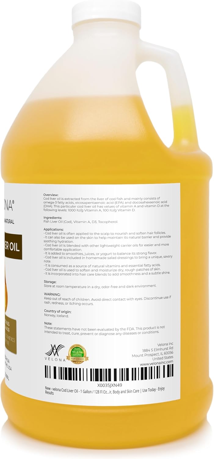 velona Cod Liver Oil - 1 Gallon / 128 Fl Oz | 1,000A/100D IU/g Omega 3 Vitamins A & D3 | Norwegian Arctic Sustainably Sourced Nordic Oil | Hair, Body and Skin Care | Use Today - Enjoy Results