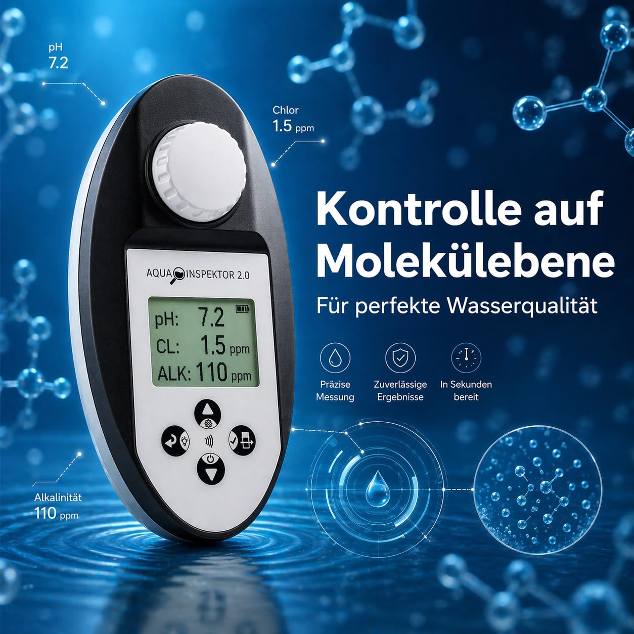 poolomio® Pooltester Digital mit NFC & App - Wassertester 11 Parameter | Messgerät für Pool, Whirlpool & Spa, misst Chlor, pH, Brom, Alkalinität u.v.m., IPX7 wasserdicht, inkl. Reagenztabletten