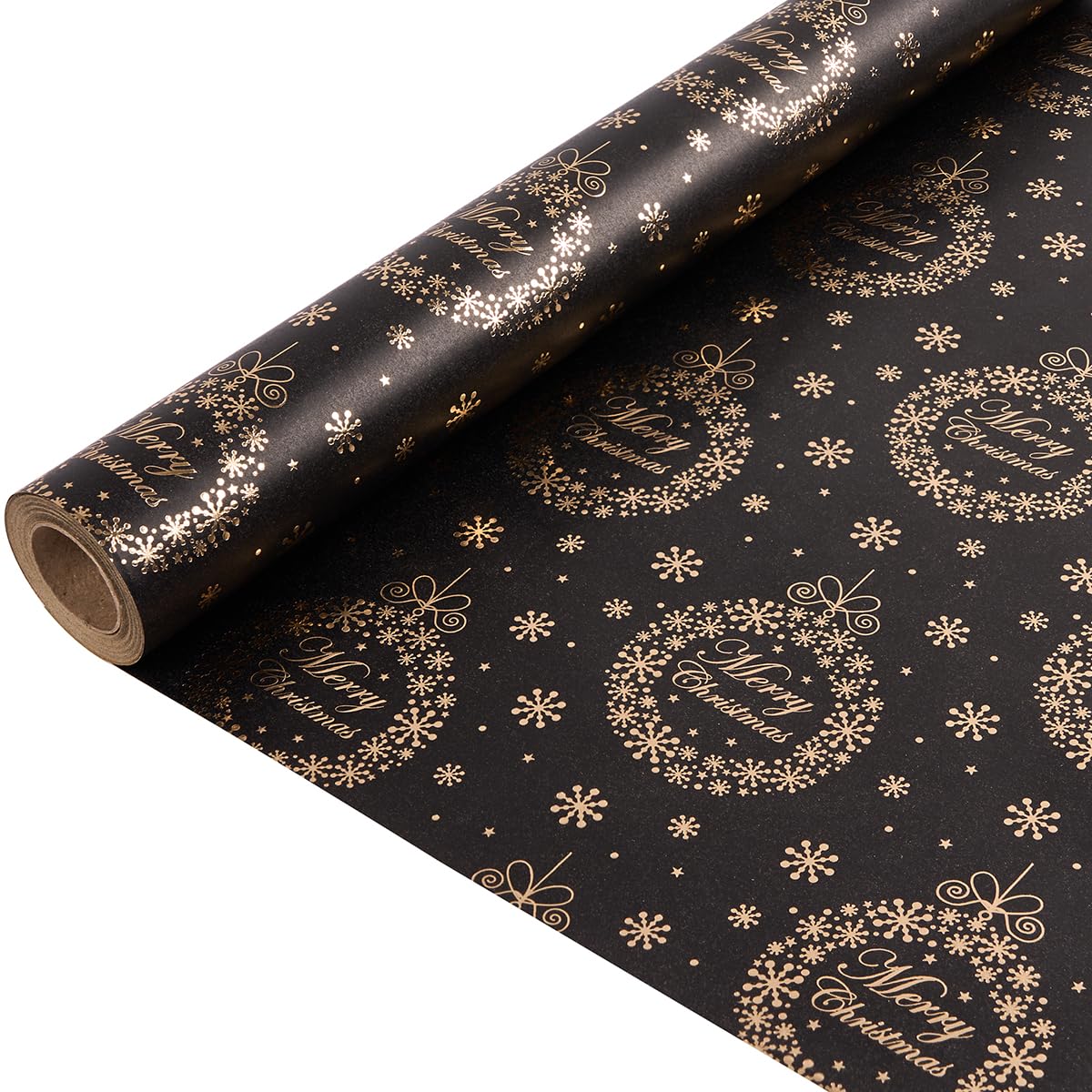 Gift Wrapping Paper Roll for Christmas, 10M x 43cm Black Recyclable Kraft Wrapping Paper Print with Shine “Merry Christmas” and Snowflake for Xmas Birthday Gift Decoration