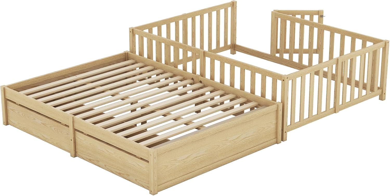 Wood Full Size Daybed with Fence Guardrails and 2 Drawers, Used as Independent Floor Bed & Daybed,for Kids Toddler Teens Adults Bedroom Use (Natural@Fence/, Full)