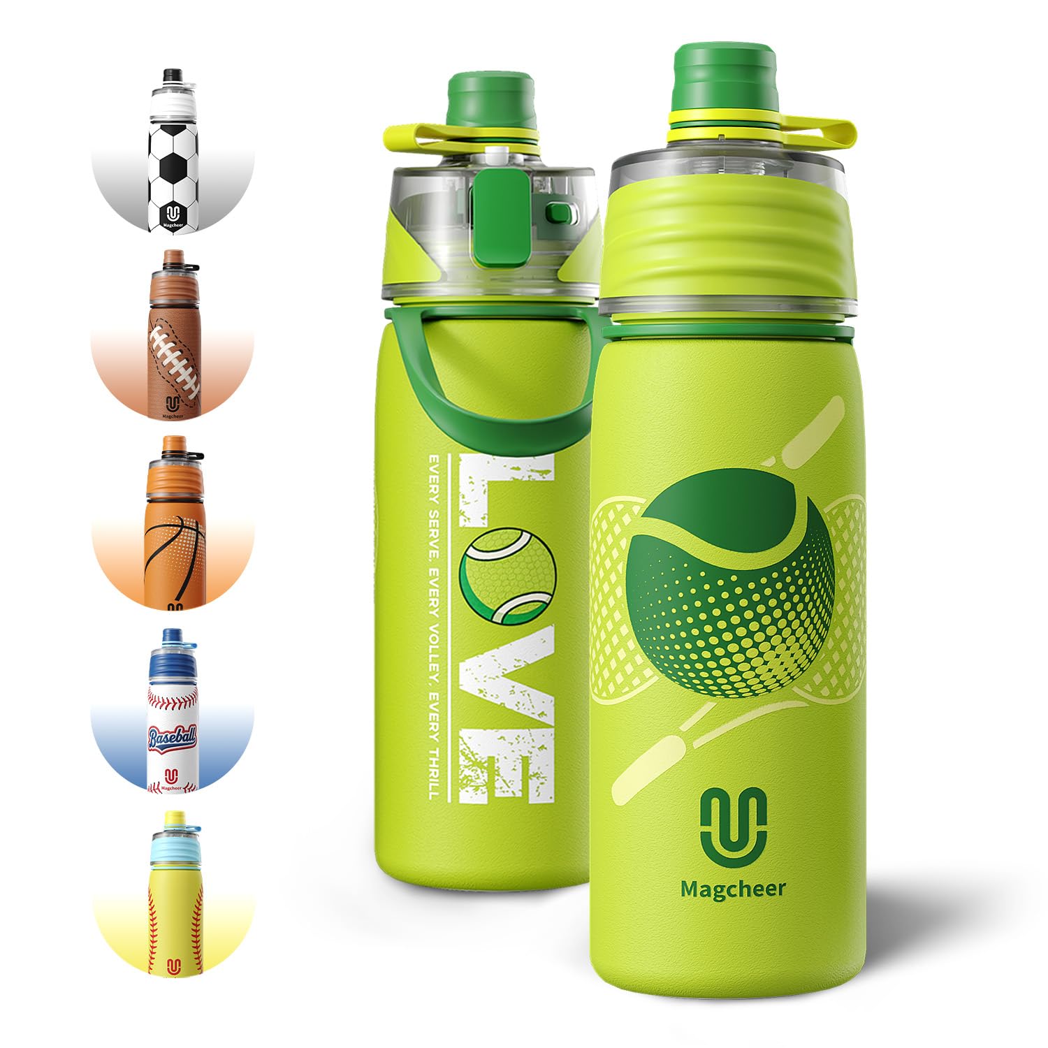 magcheer 600ml Insulated Tennis Spray Water Bottle for Kids | 3D Textured Metal Mist Water Bottle | Safety Lock Leakproof | BPA-Free | Dishwasher Safe | Ideal Gift for Boys & Girls