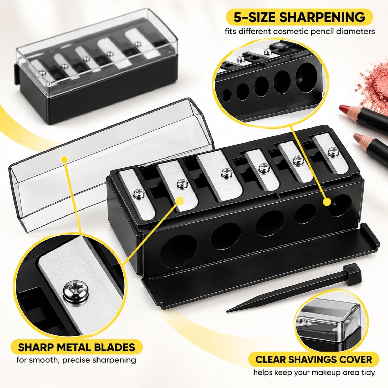 2 Pcs Eyeliner Pencil Sharpener,5 Hole Makeup Pencil Sharpener Cosmetic Tool Multiple Sizes Eyeliner and Lip Liner Sharpener Liner Highlighter and Contouring Pen