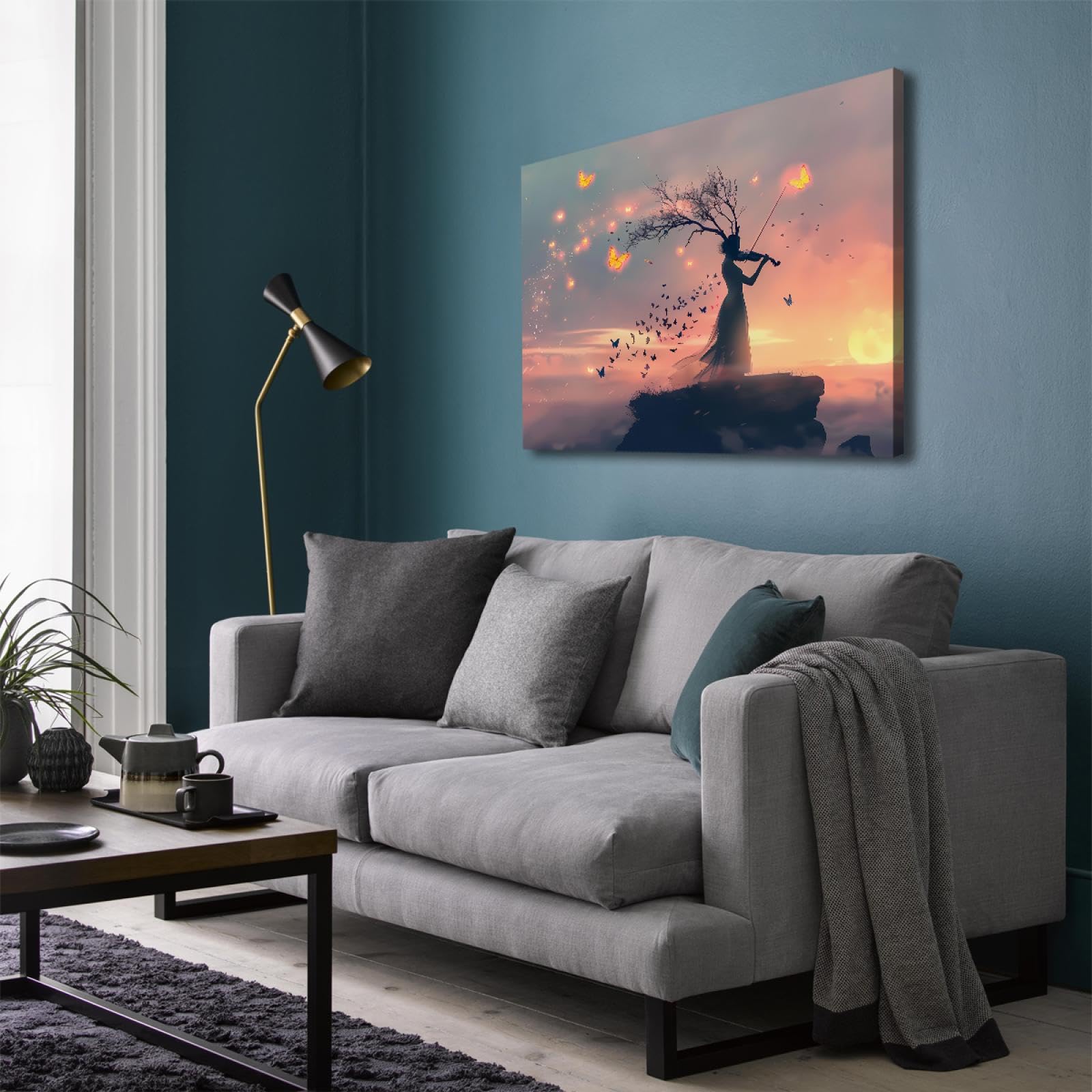 YUNART Sen zachód słońca wydruki na płótnie plakaty skrzypek motyl obrazy ścienne do salonu wystrój Giclee grafika 80 x 105 cm rama wewnętrzna