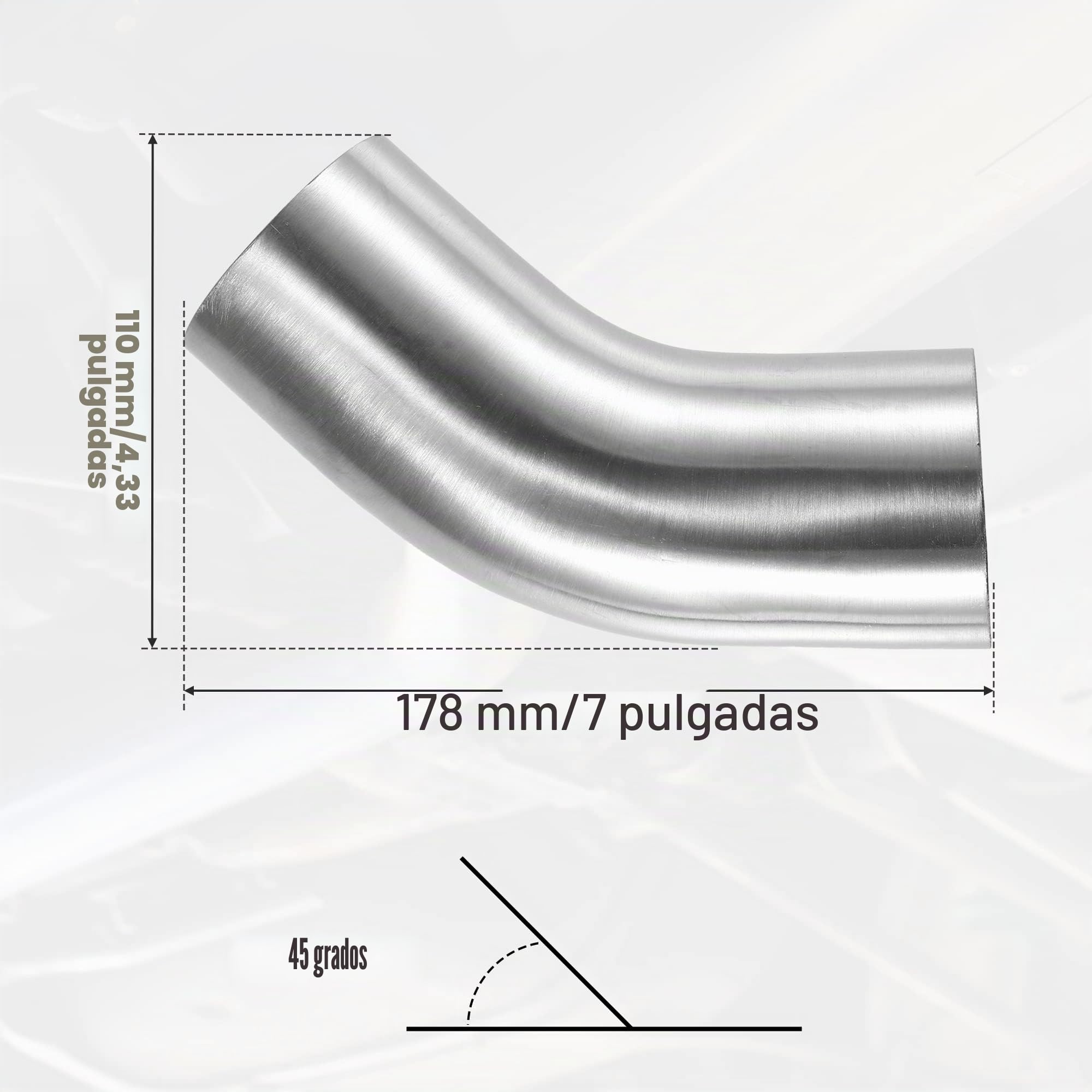 QUARKZMAN Codo De Escape De 45 Grados 1Pc Ss304 Acero Inoxidable | Color Plateado, Grosor 0.78 Pulgadas, Universal Para Automóvil, Longitud Total 178Mm, Ancho Total 110Mm