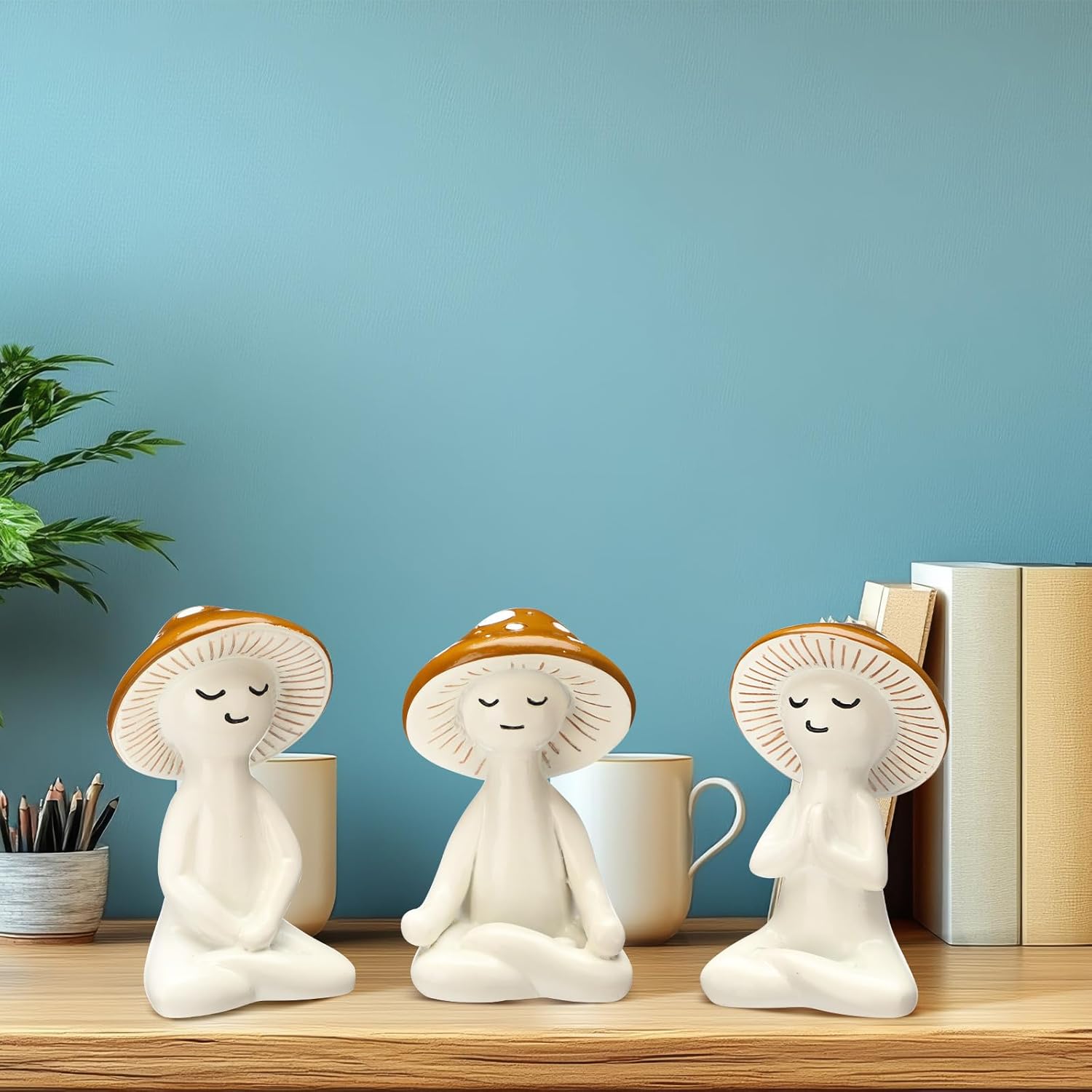 3 Pcs Meditation Mushroom Statue Resin Yoga Mushroom Figurine Cute Meditation Tabletop Plant Statues Decor for Desk Living Room Patio Home Office Garden Backyard Decoration