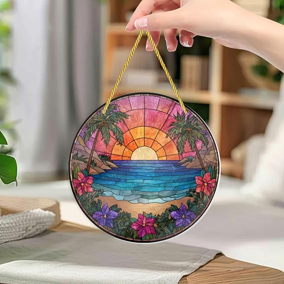 Vibrant Garden Meets Ocean Glow in Round Stained Glass Window hangings.Stylish Window Decor and Wall Accent,Acrylic Ornaments for Coastal Decorators Seeking Natural ambiance 12x12inch