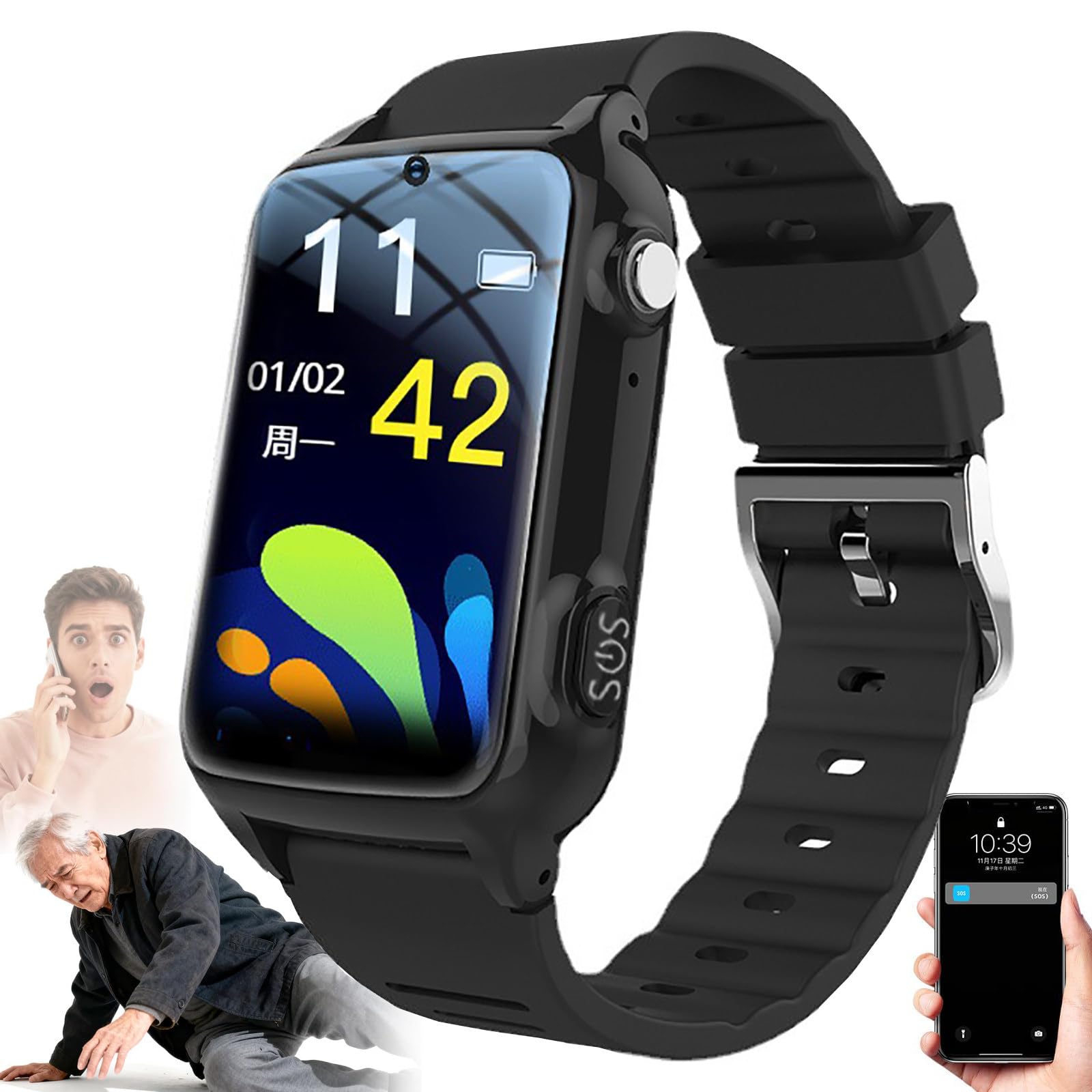 Reloj Inteligente 4G Para Personas Mayores, Con Rastreo GPS, Botón De Llamada De Emergencia SOS Con Detección De Caídas, Videollamadas HD, Monitorización De La Salud Y Resistente Al Agua Black