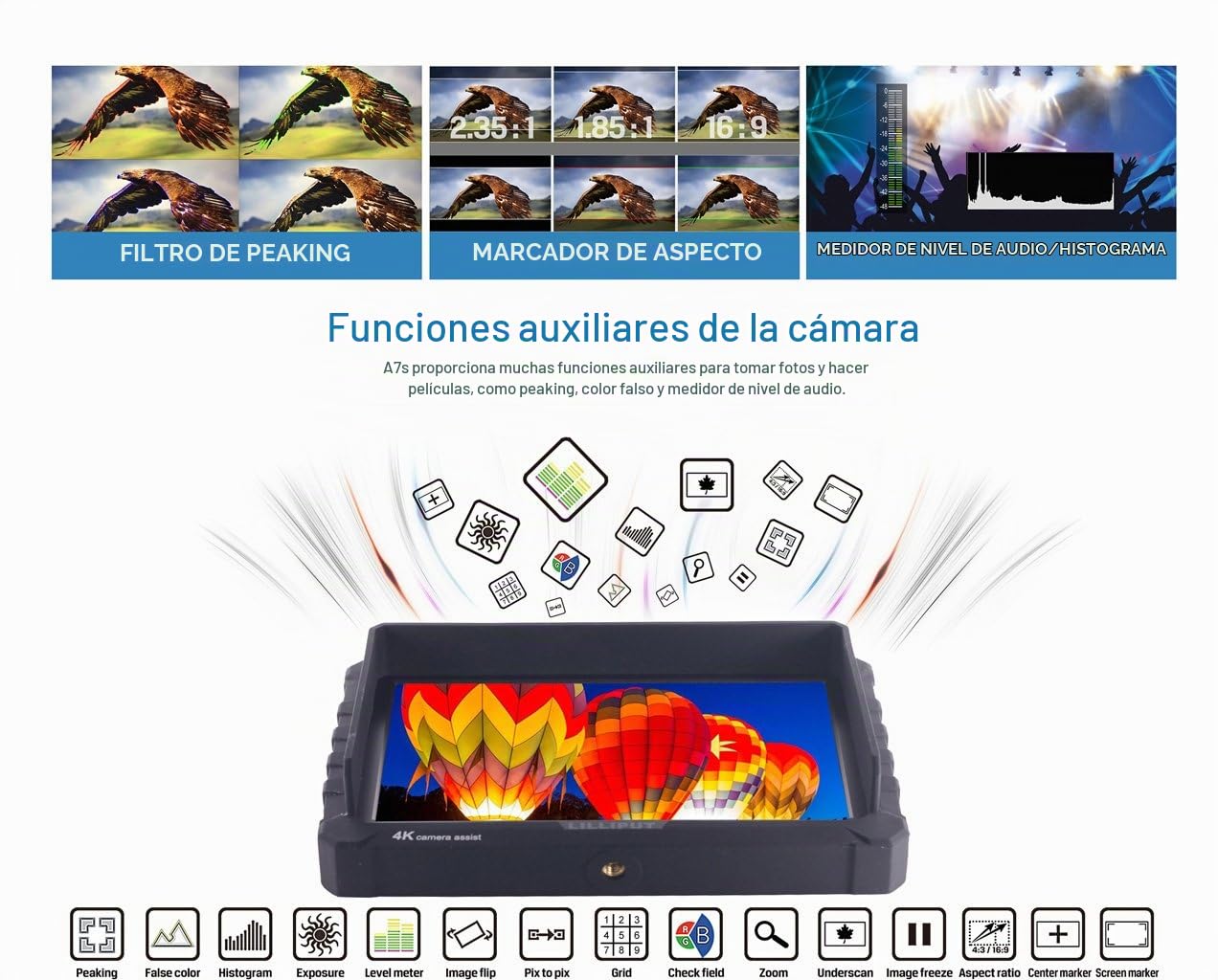 Negro Lilliput A7S 7 Pulgadas 1920x1200 IPS HD Camera Field Monitor Campo 4K HDMI Input Output DSLR Camera A7 A7R A7S III GH5 GH5s 5D IV 7D 80D D810 Ronin S