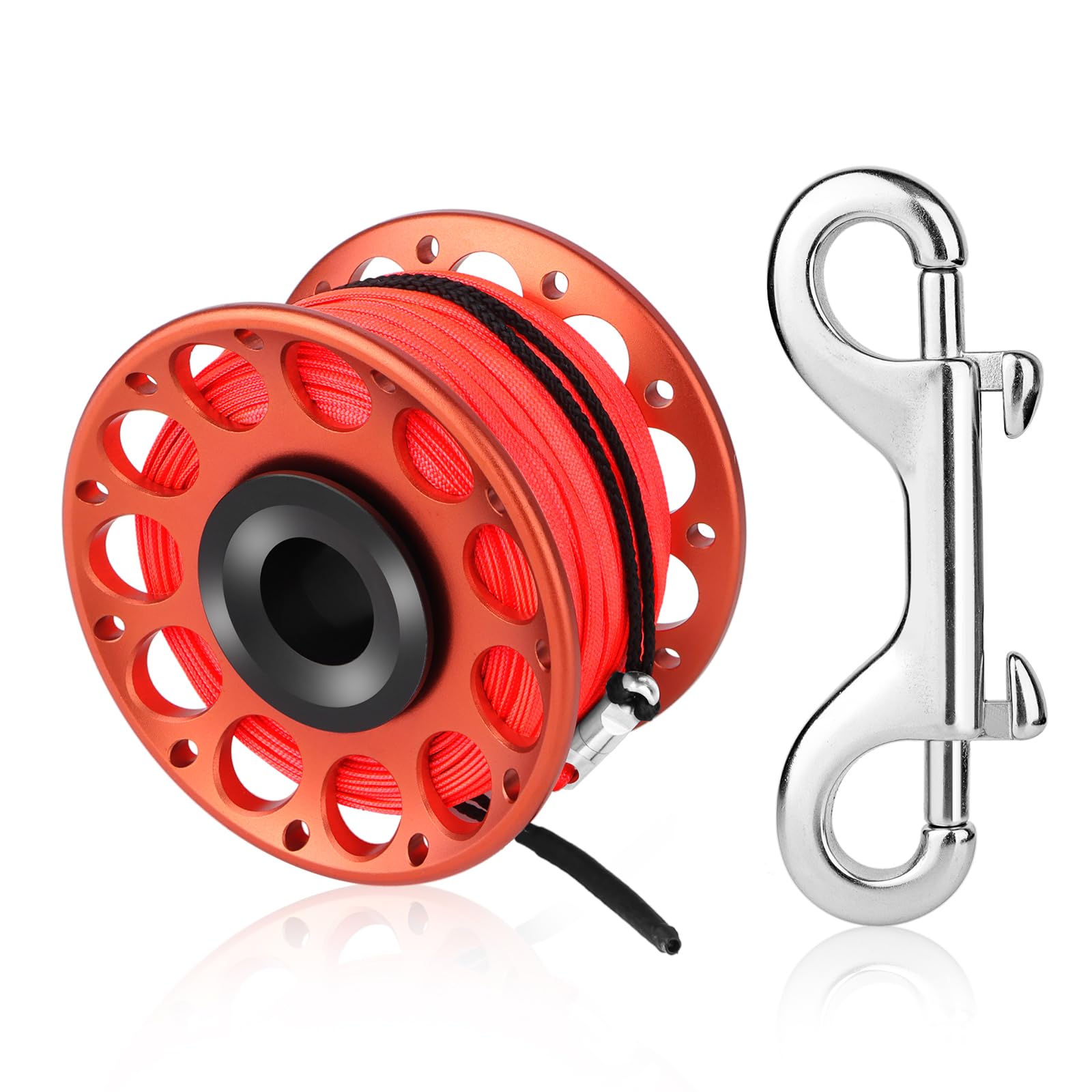 Scuba Diving Reel, Large Spinning Spool Finger Reel with Double-Ended Bolt Snap Clip with 30m/100ft High Visibility Line Aluminum Dive Reel for Wreck Cave Diving Spearfishing Fishing (Red Reel)