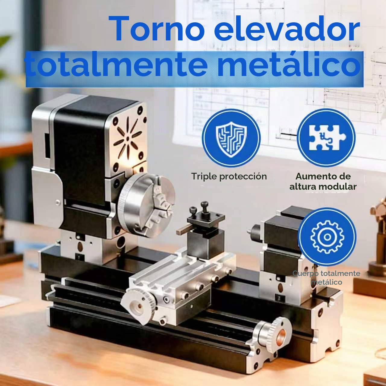 ZHRUI - Torno de metal didáctico en miniatura galvanizado, 50 mm, centro de 36 W, 20000 rpm para procesamiento de aluminio, madera, materiales plásticos (aumento del estilo)
