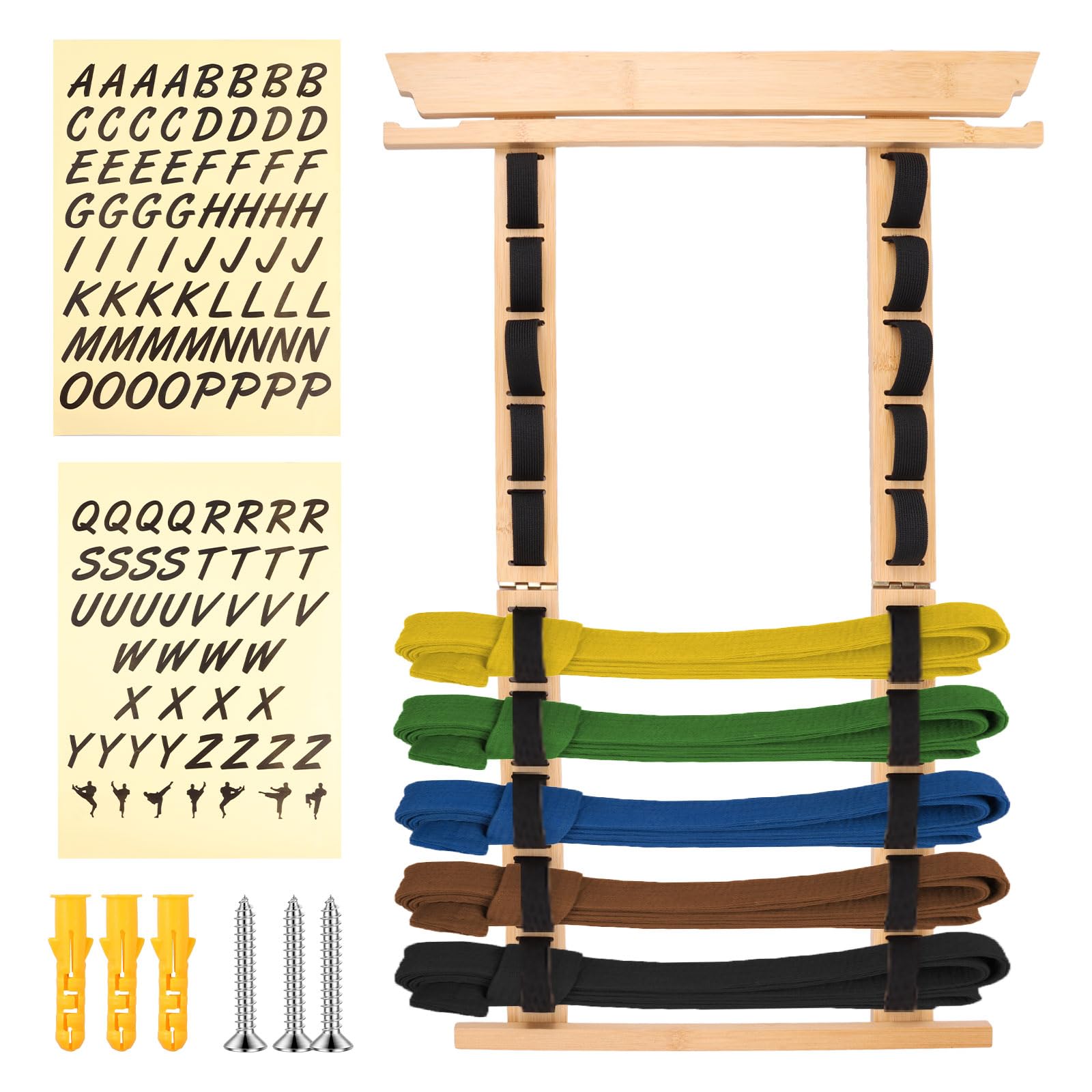 Alongen Log Color 10 Tiers Wood Karate Belt Display Rack, With Medal Hanger And Stickers Easy Hanging Taekwondo Belt Display Holder For Kids And Adults
